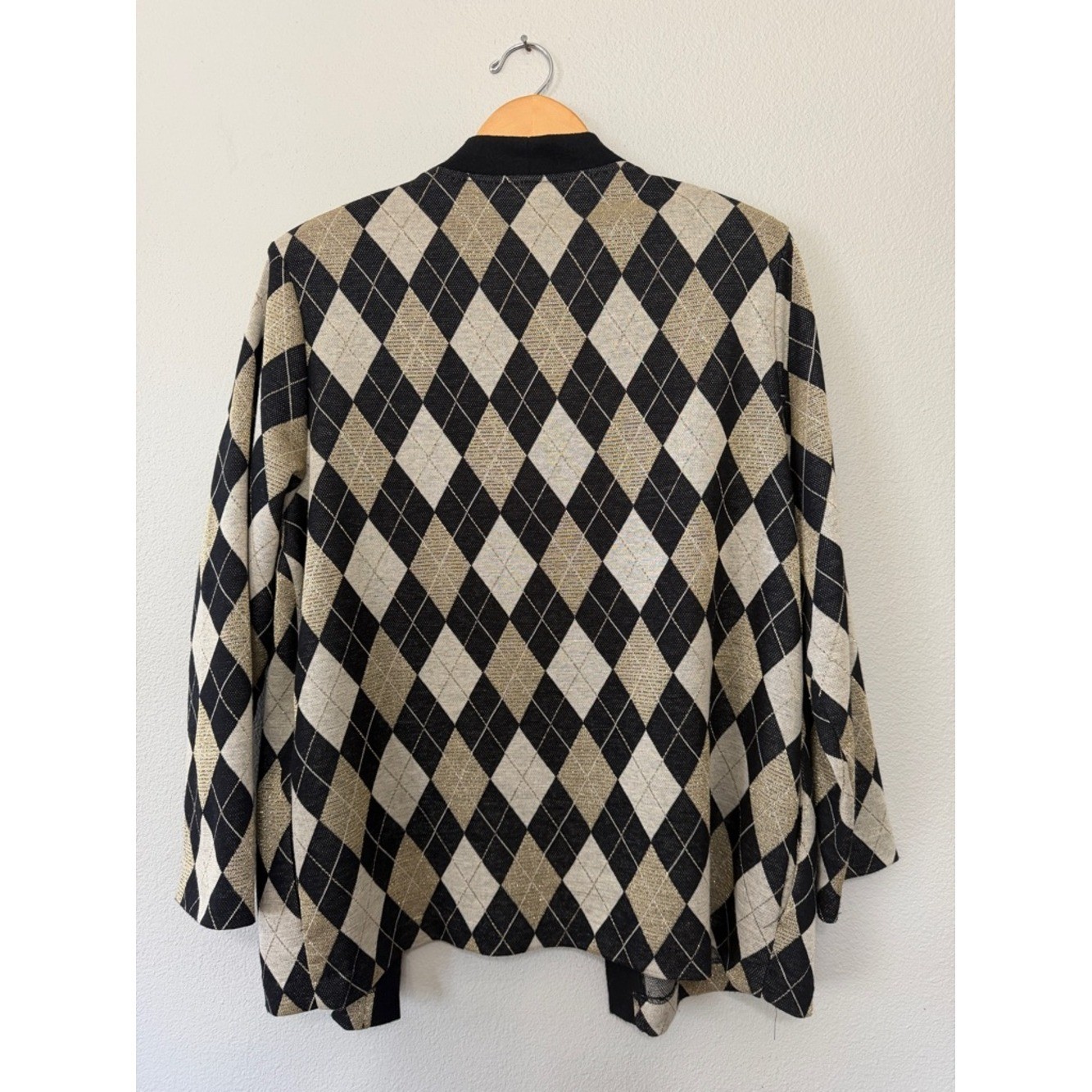 VTG Lady Graff Argyle Open-Front Cardigan Black Gold Size 36 1980&rsquo;s