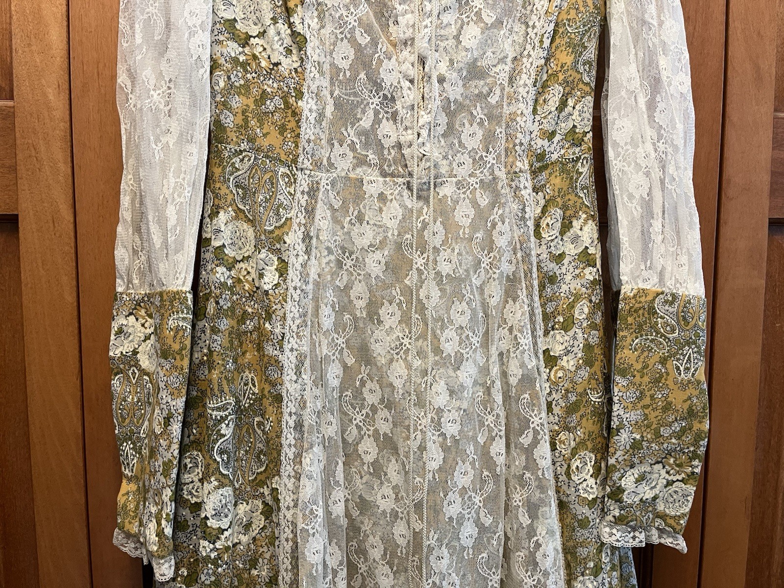 Vintage Floral Green Tan Floral Lace No Tags Prairie Maxi Dress