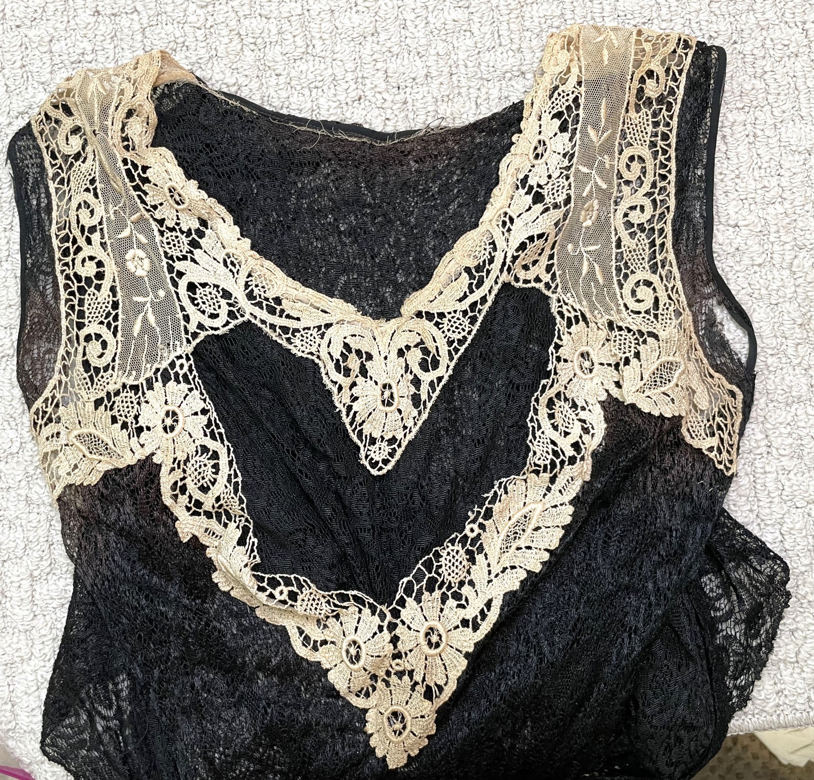 Antique 20s 30s Black Lace Art Deco Dress S M 3-in-1 Sleeveless Midi Fitted