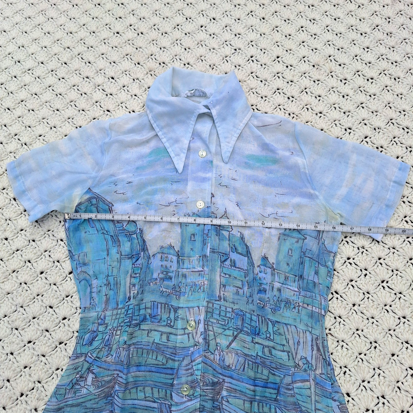 Vtg Frank Lee Disco Womens Short Sleeve Collared Graphic City Shirt – Small