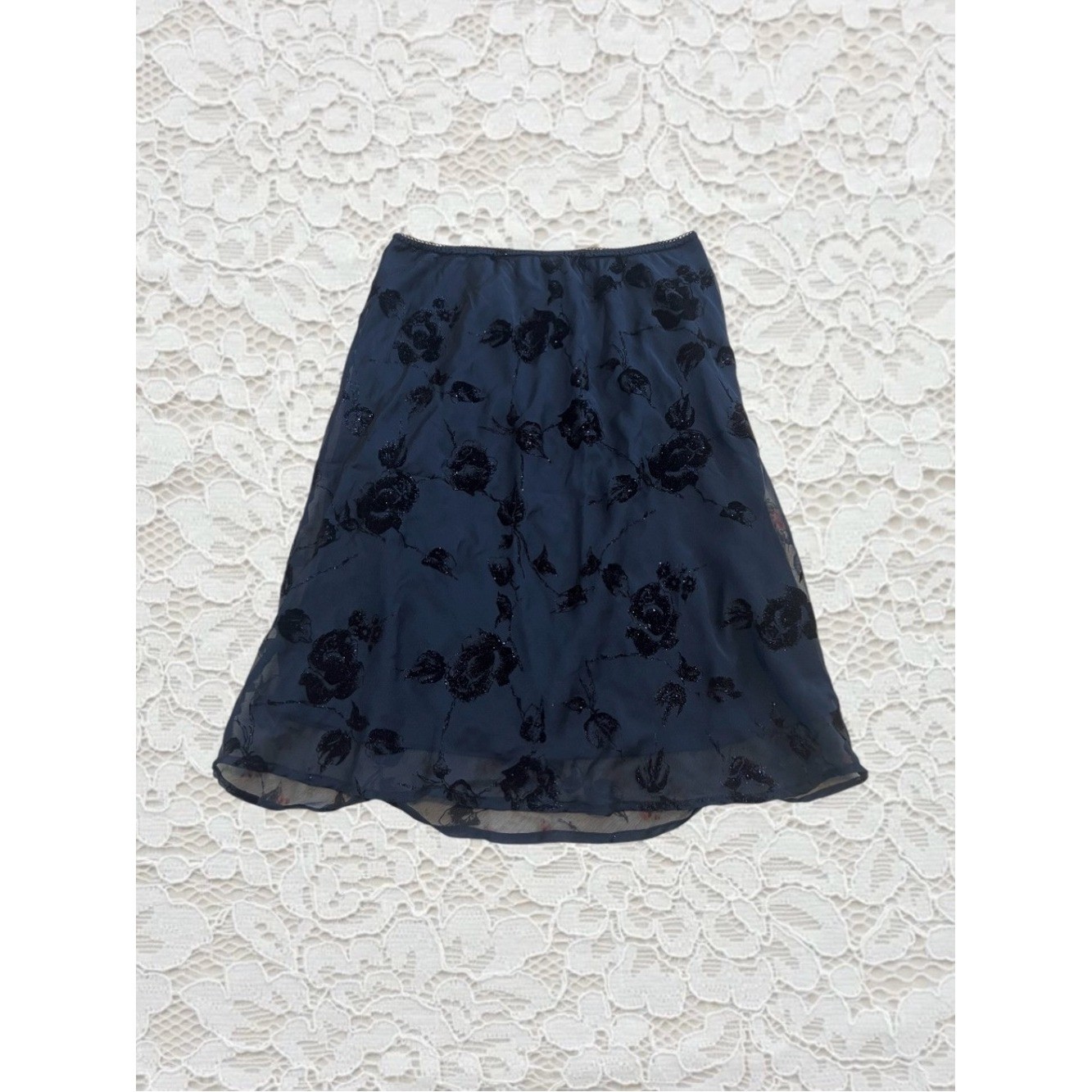 vintage navy blue whimsygoth floral midi skirt
