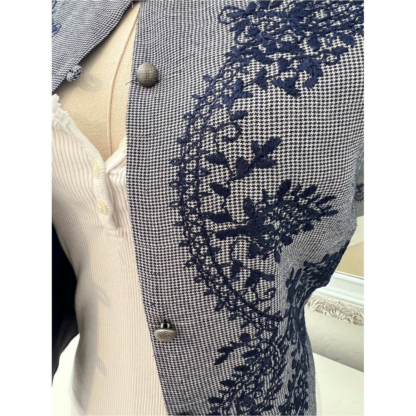 vintage express navy blue embroidered button mini vest