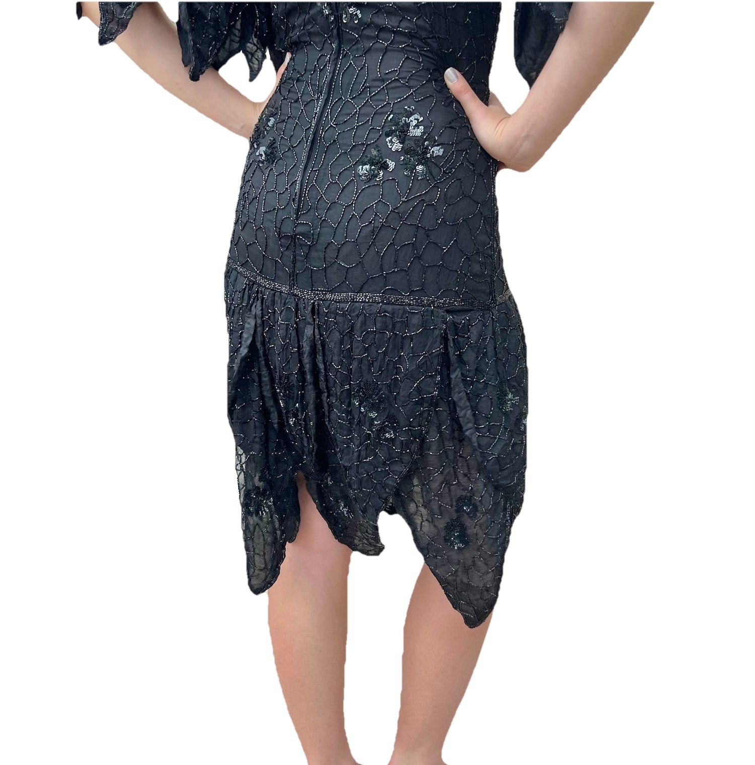 Vintage Frank Usher Black Silk Beaded & Sequin Dress Hand Woven M. Whimsigoth