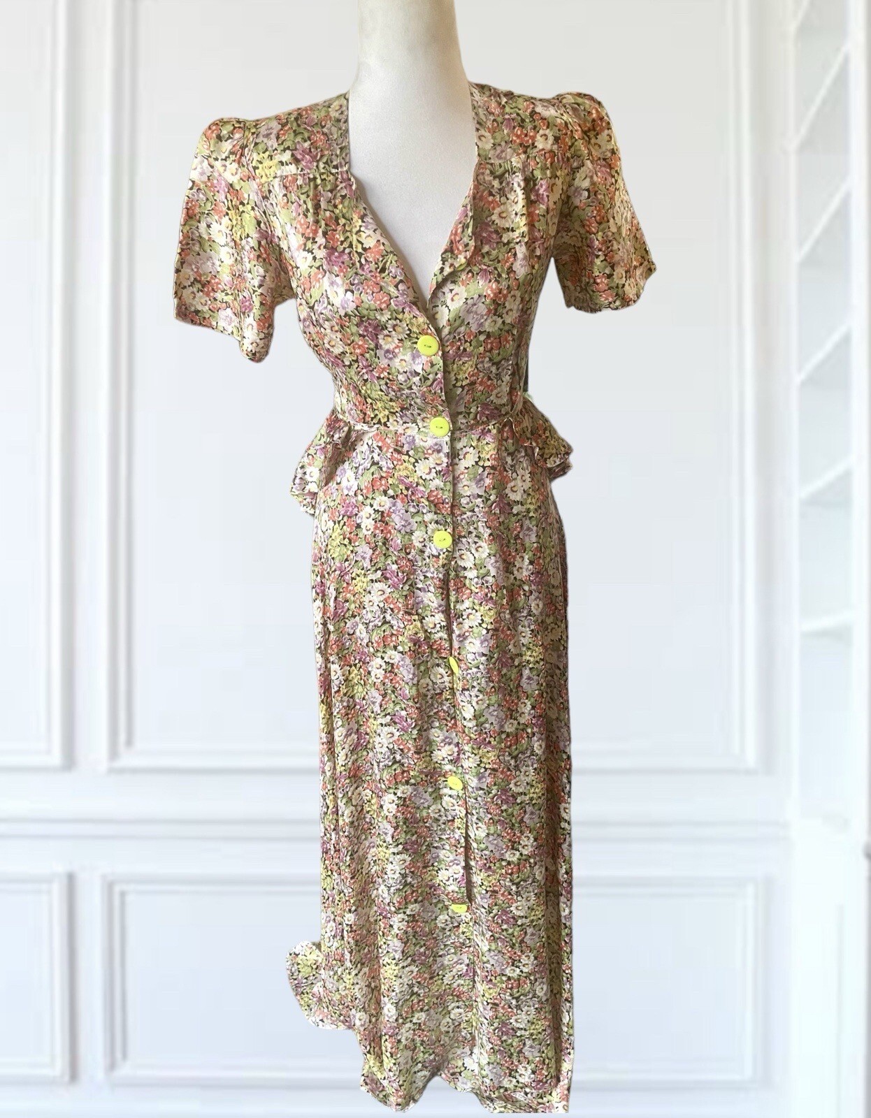 Vintage Rare 1920s Evening Gown Floral Silk Satin Bustle Art Deco Genuine S