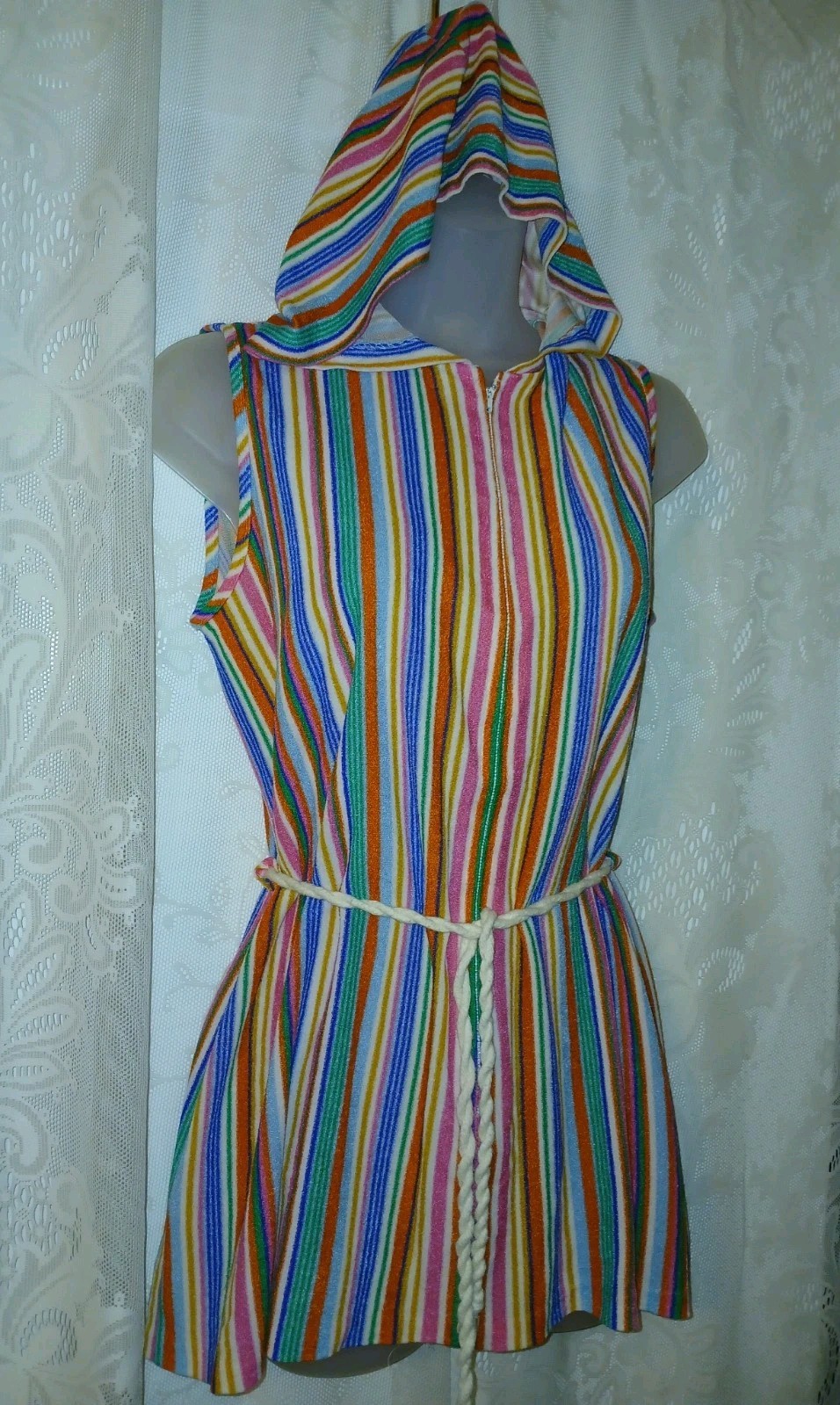Vintage 70s Terry Cloth Rainbow Stripes Hooded Swim Cover-up Robe Tex M EUC