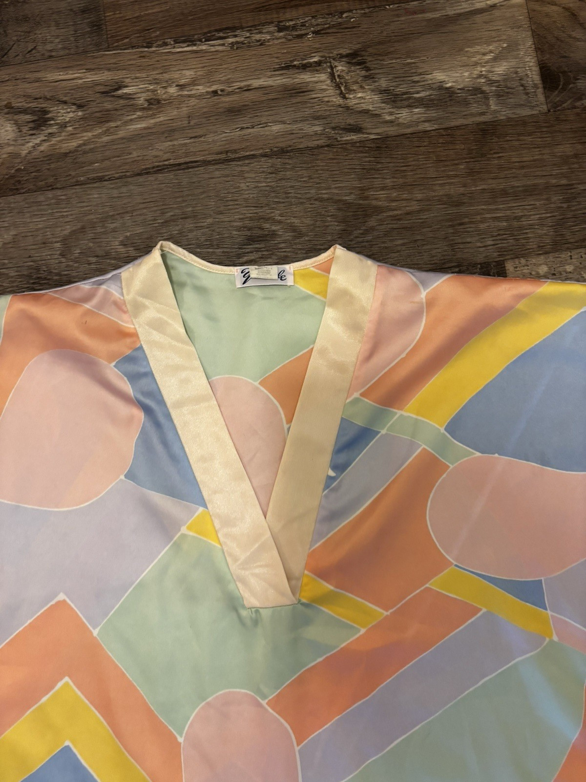 Vtg Yolande Kaftan Dress Geometric Print Peach Petite Small/Med Nightgown