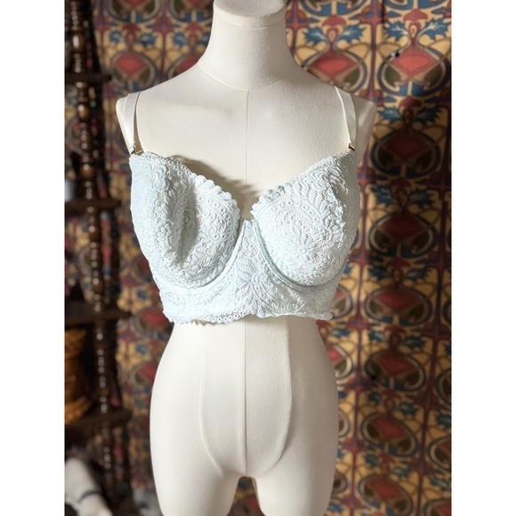 Lace Bralette Bustier Crop Top, Light Blue Floral, Adjustable Straps, Size 40DD