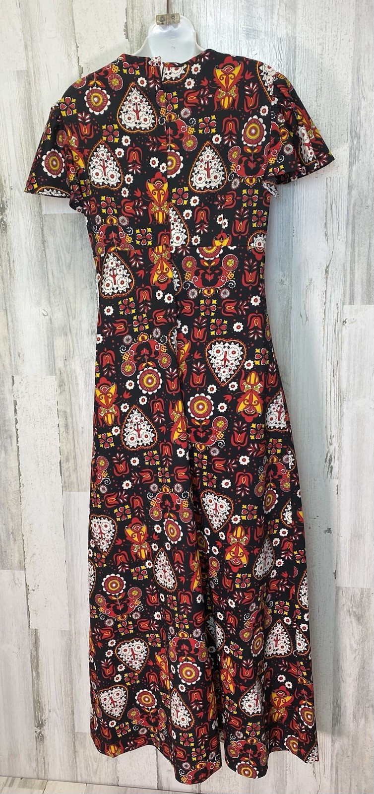 Handmade Vtg Hippie Boho Bold Print Keyhole Maxi Dress 17” Armpit Flutter Sleeve