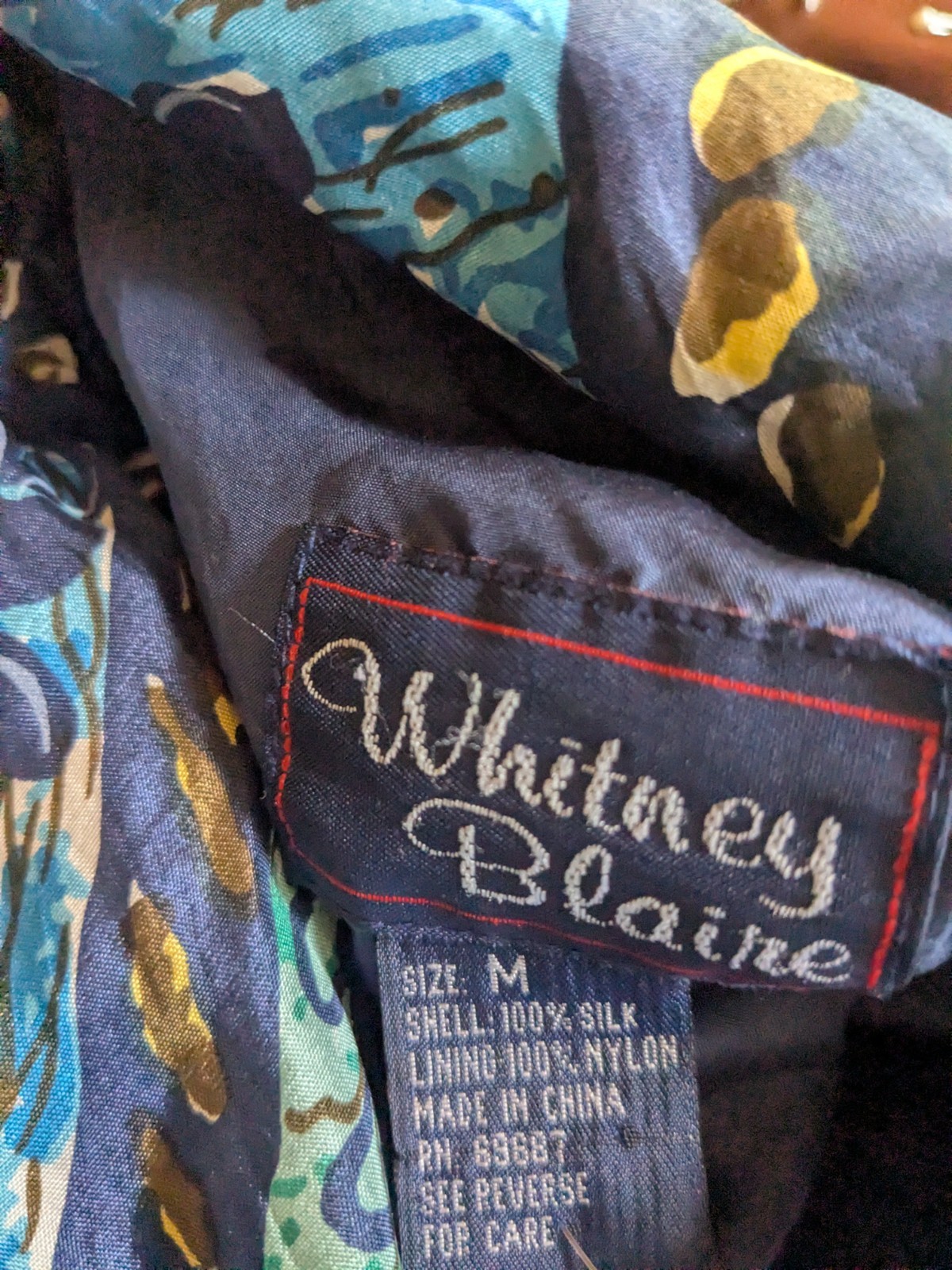 Whitney Blaire washable silk jacket blue brown teal floral vintage 80s 90s