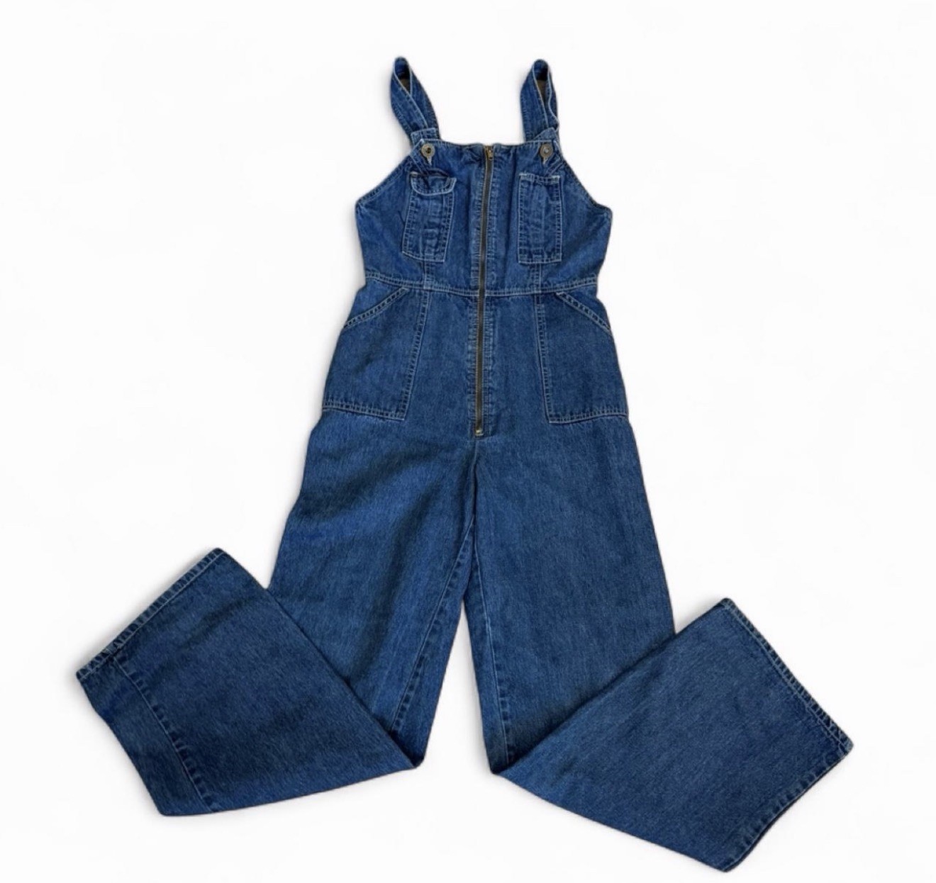 Vintage Women’s 70s Blue Denim Zip Up Front Overall Jumpsuit Size 9 Size S/XS
