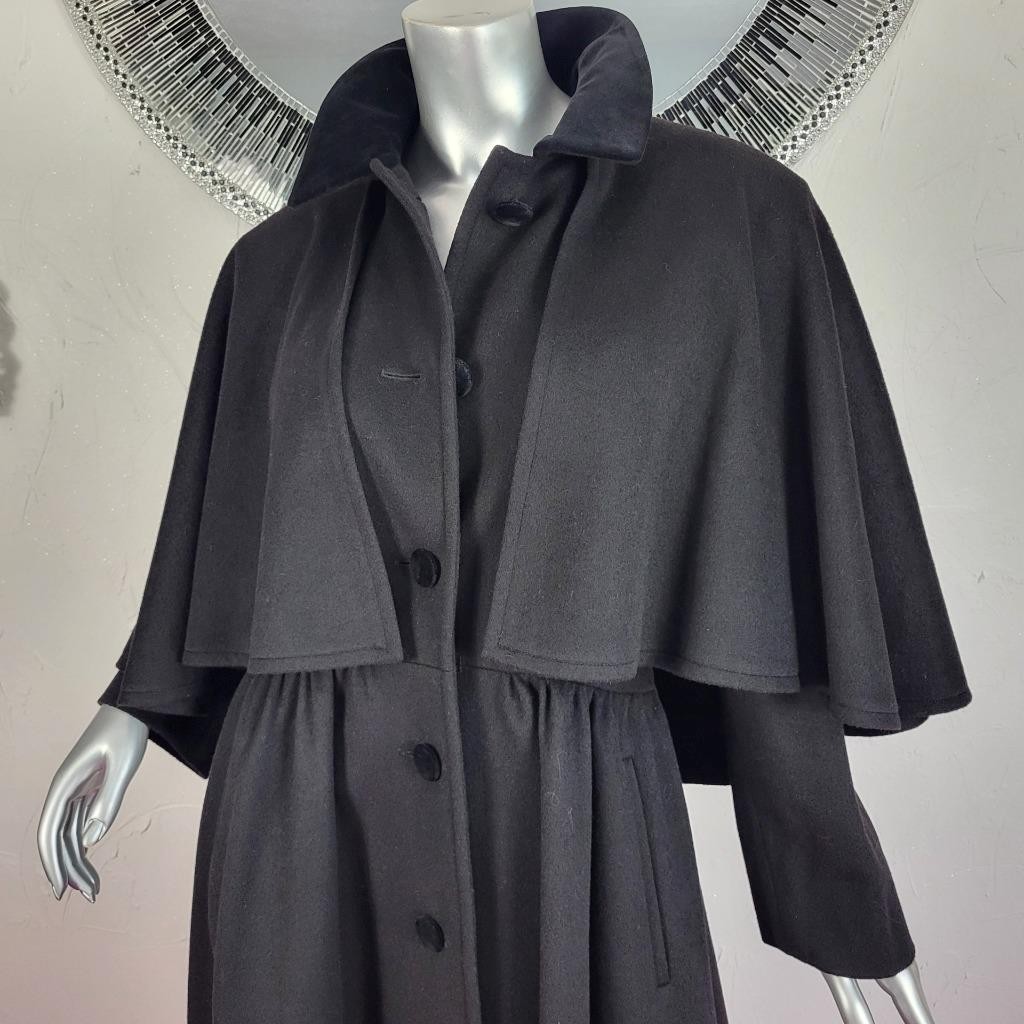 CLAUTE COUTURE~38/S/M~VINTAGE BLACK WOOL VELVET FULL LENGTH CAPE COAT TRENCH