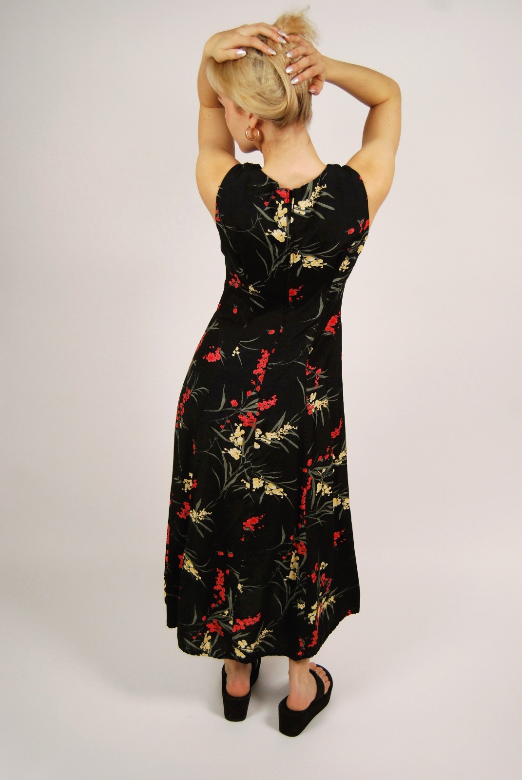 80s Tank Maxi Dress (8) black pink floral vintage preppy casual sundress a-line