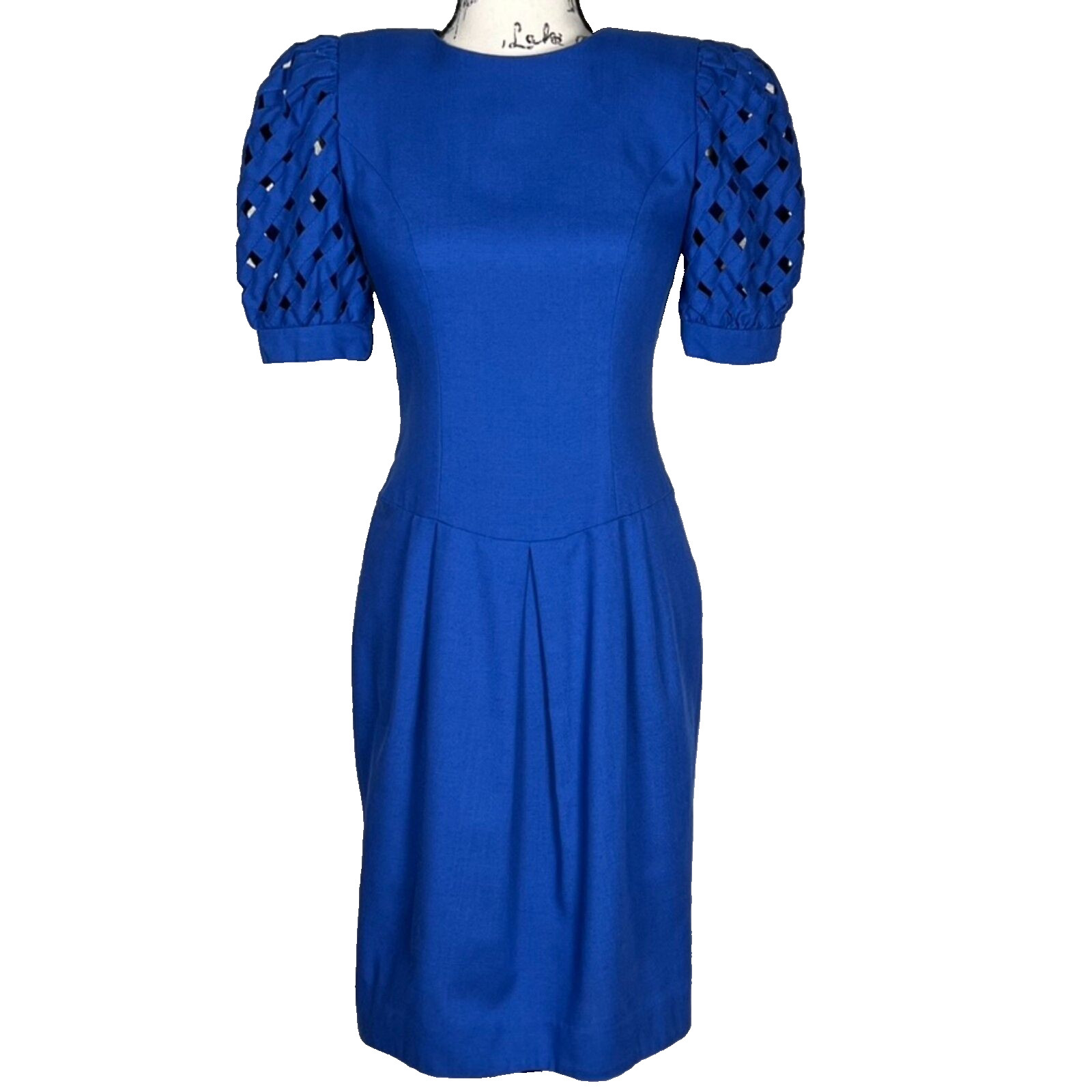 Vtg Warren Petites Sz 2P ILGWU-USA Royal Blue Lattice Sleeve Dress 1980s