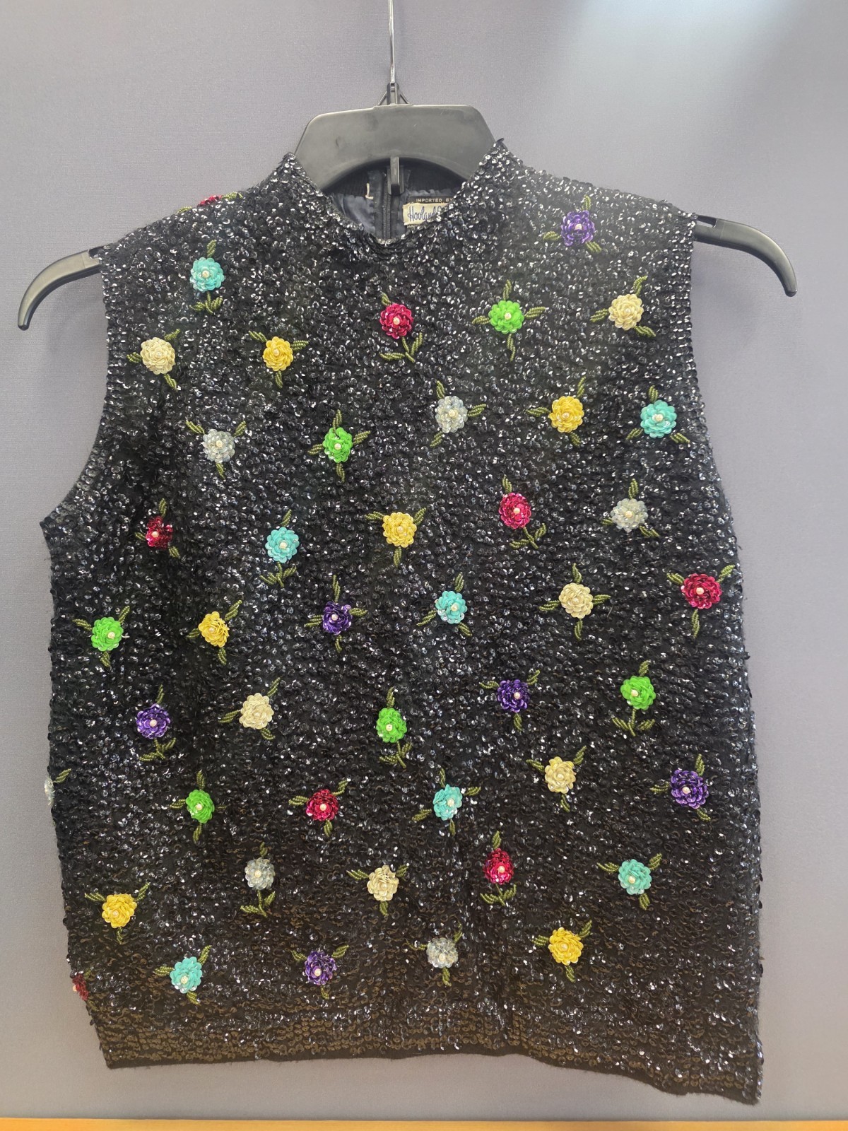 Hovland-Swanson 1960s Beaded Blouse Sequins Flowers RARE Sz 38 Mod Wool & Angora