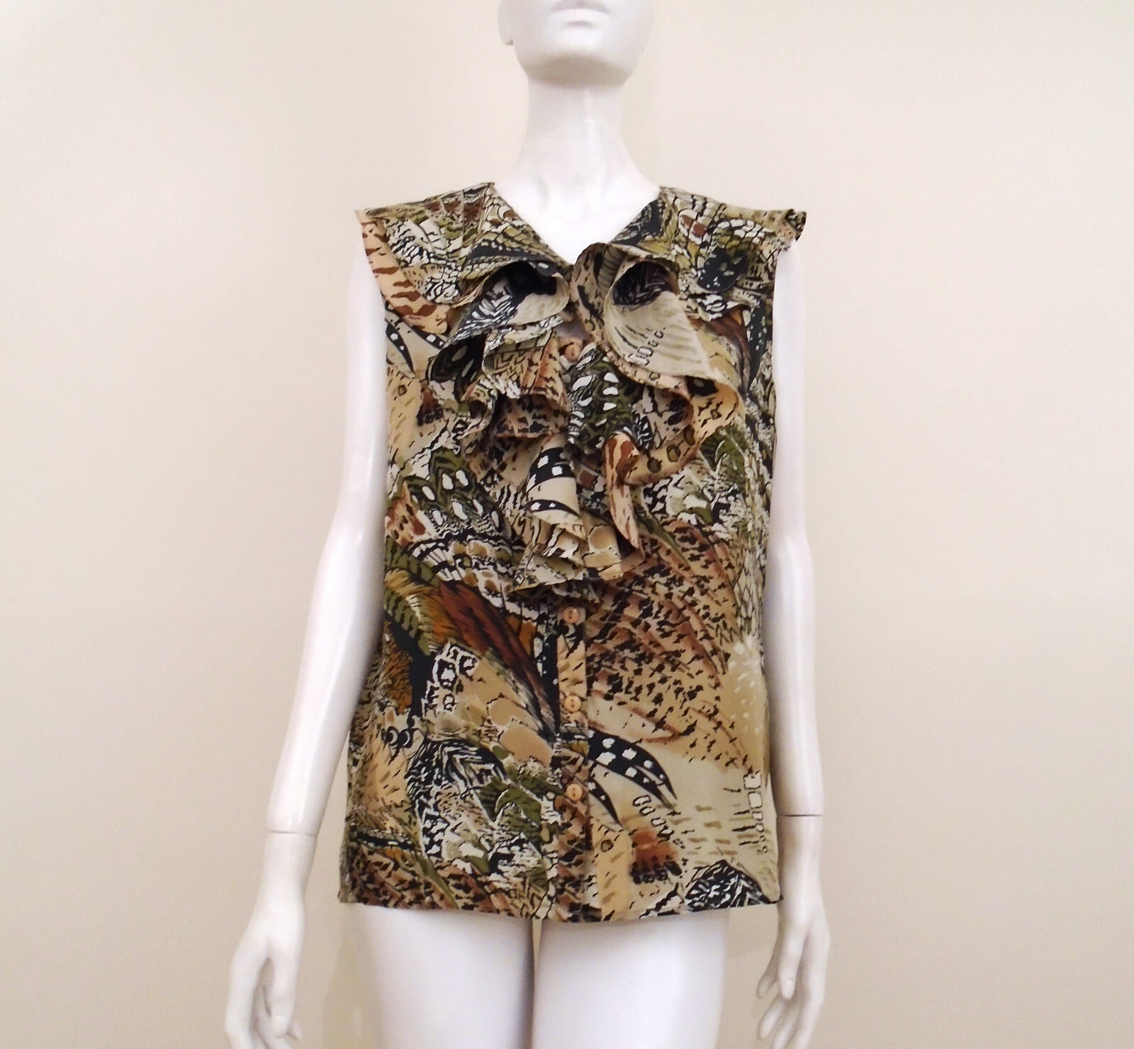 Vintage Hattie Carnegie Size L Brown Multi Silk Button Sleeveless Ruffle Top