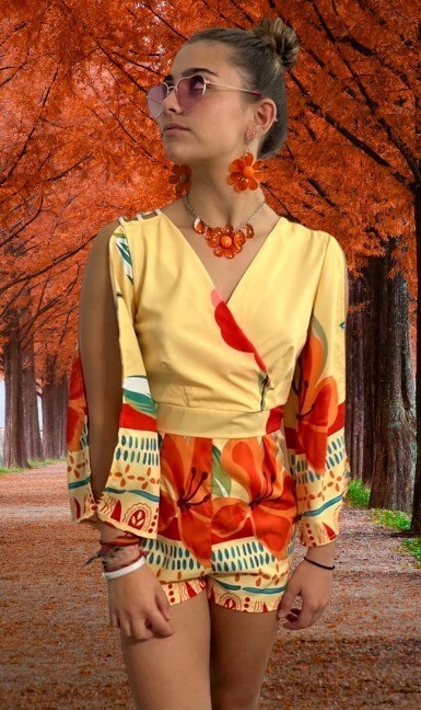 Short Romper Yellow Flower Fantasy Size S Small long Sleeves Wood Beaded Accents