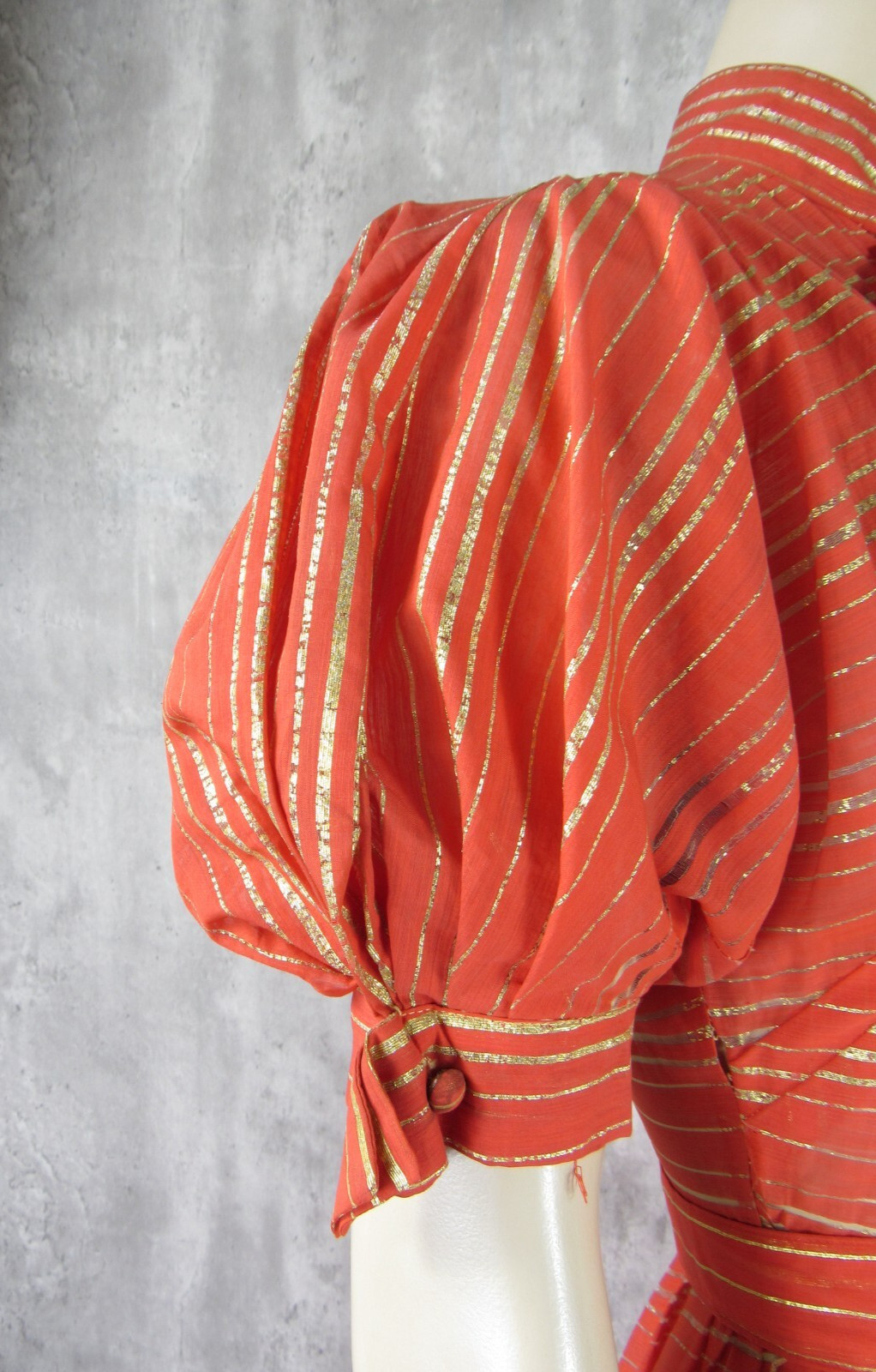 Vintage 50s Prestige Junior Orange Gold Metallic Stripe Lurex Belted Dress XS/S