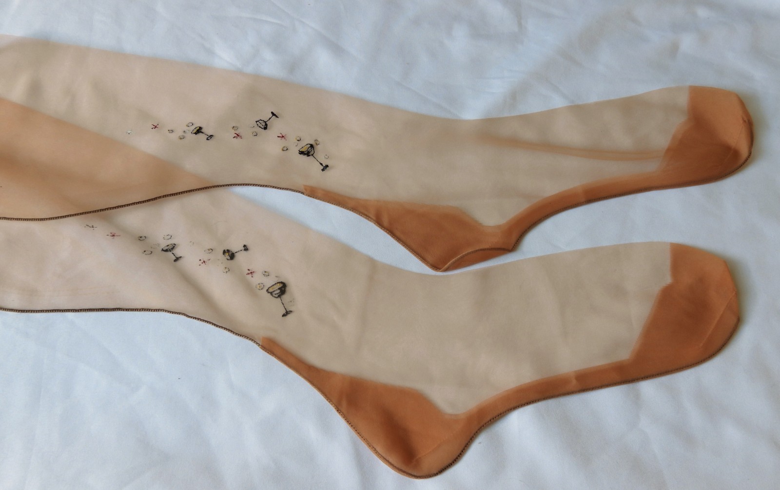Vtg Hand Painted Champagne Glasses FF Cuban Dark SEAMED STOCKINGS 10 32&Prime; 60/15