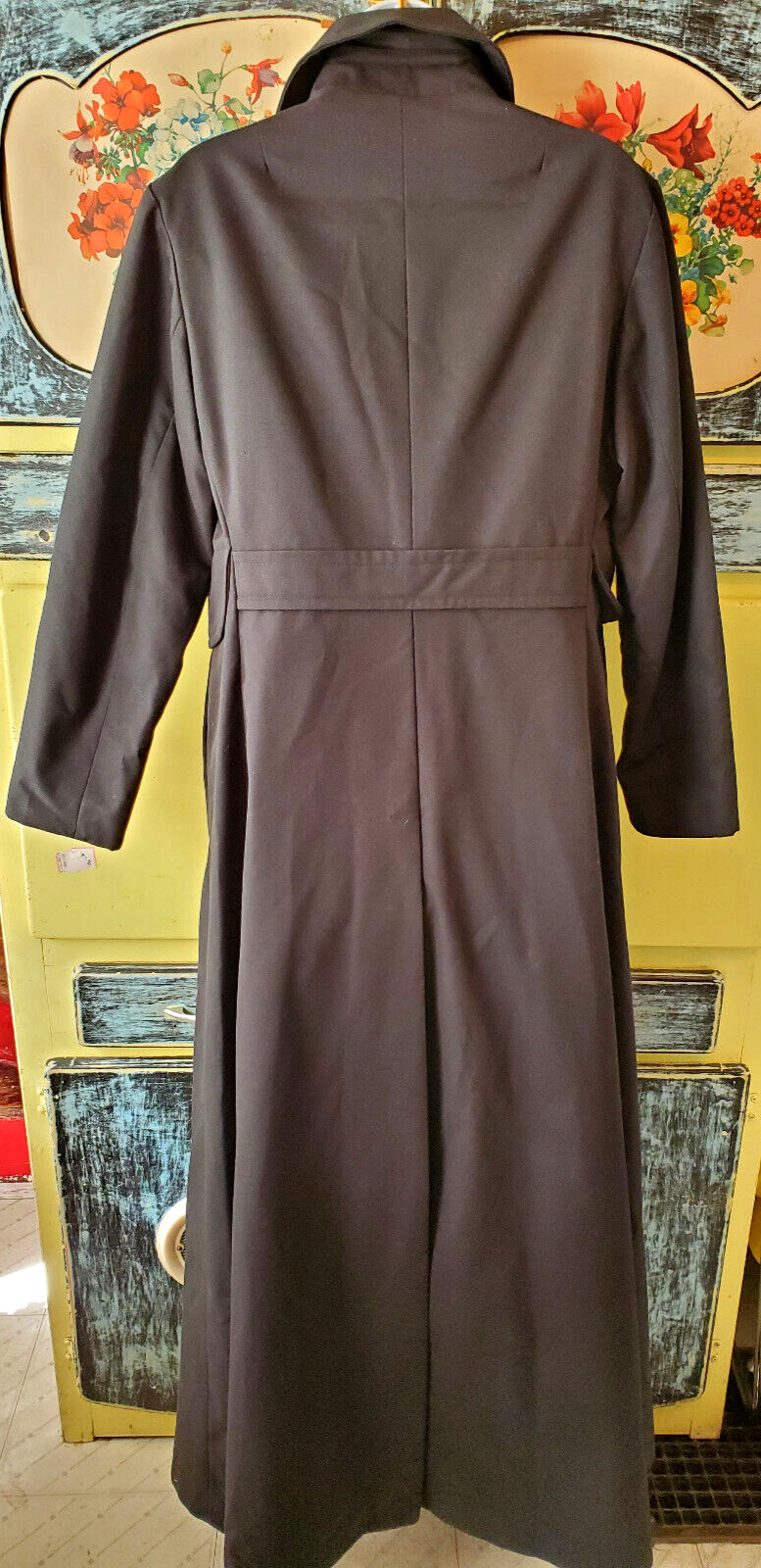 Wow! NOS Vintage 70s Maxi-Length Black Double Breasted Trench Rain Coat Fits 10