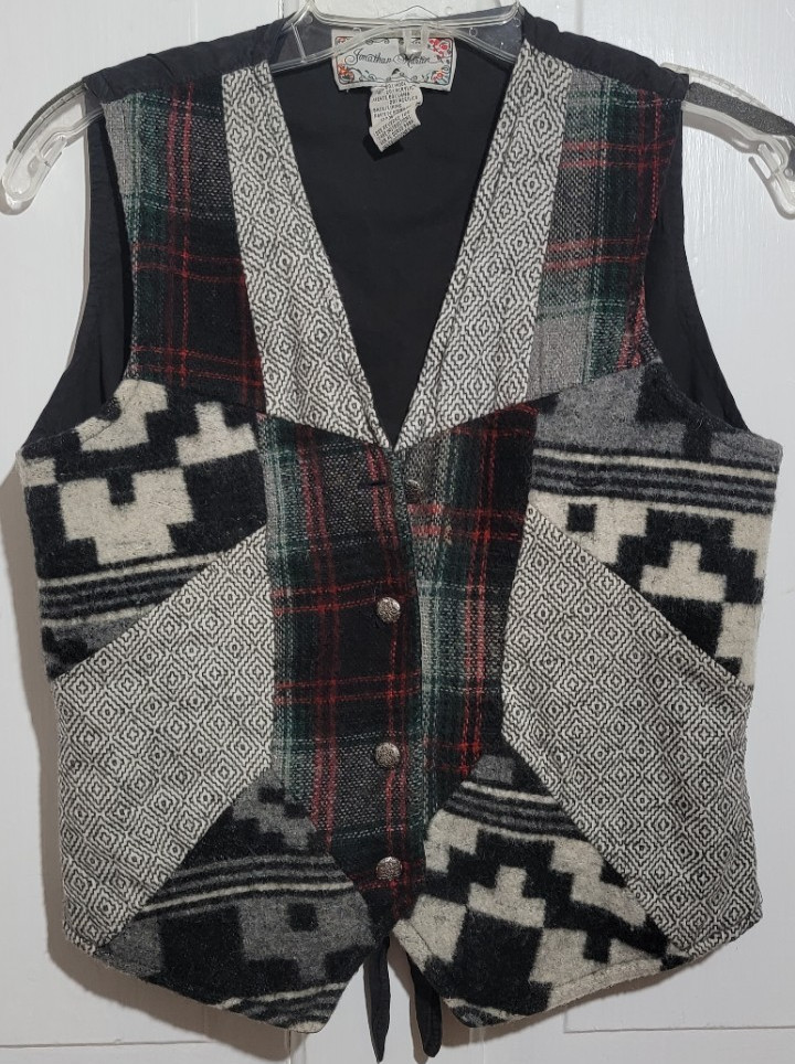 90s VTG Plaid Patchwork Blanket Tribal Womens Vest Wool Cotton 3 Button V-Neck M