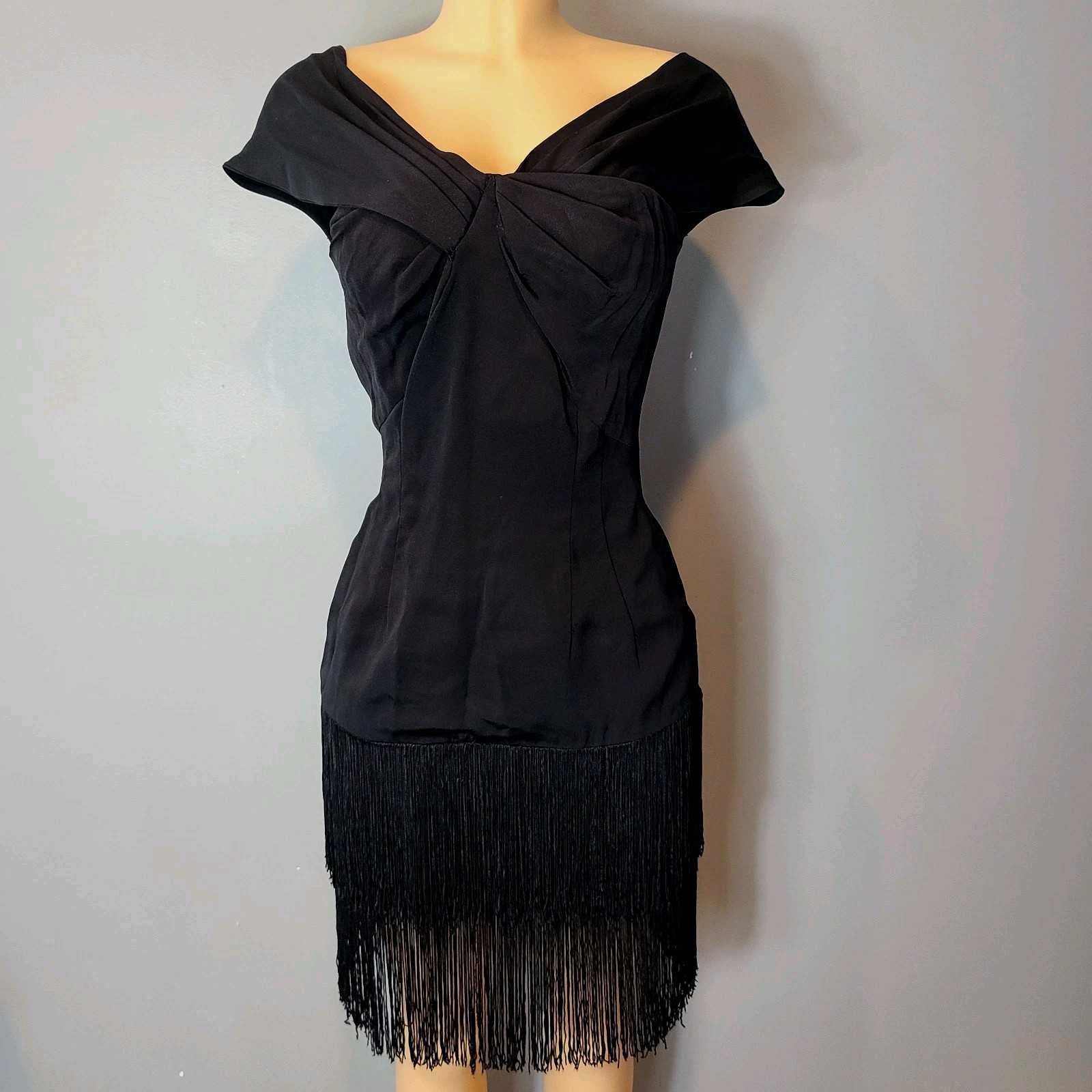 Vtg Black Sequin Flapper Dress Art Deco Gatsby Fringe Cocktail Party Sz Small