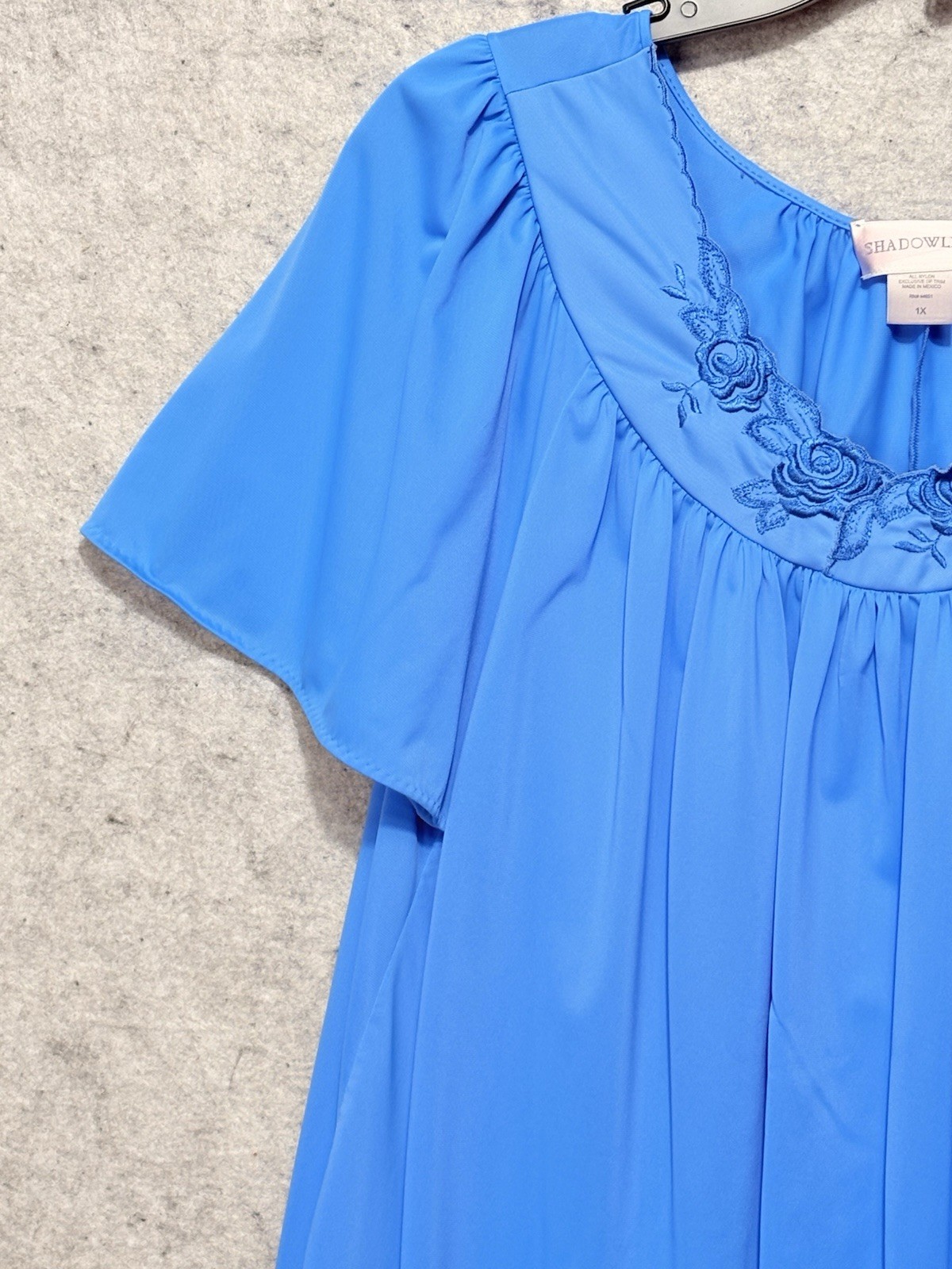VTG Shadowline 1X Blue Nightgown Nylon Embroidered Floral Plus Size Soft