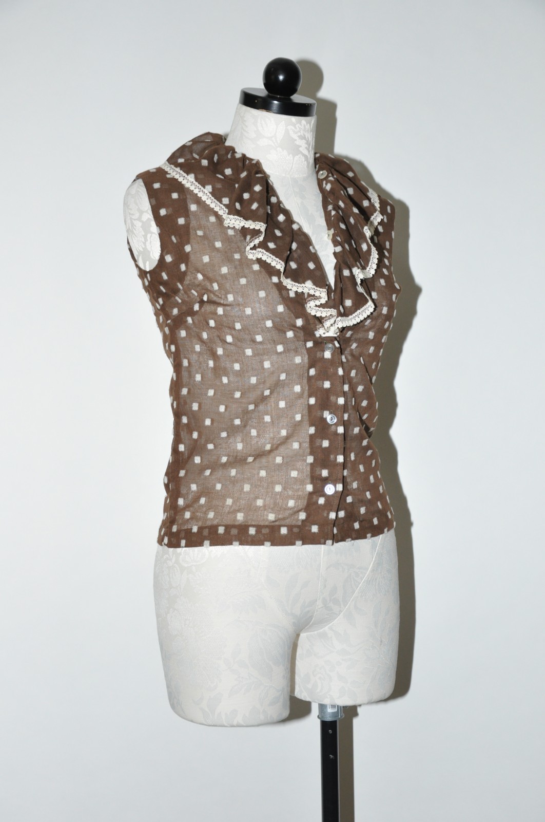 60s Dark Brown Polka Dot Sheer Ruffle Neck Sleeveless Crop Top Blouse Women XXS