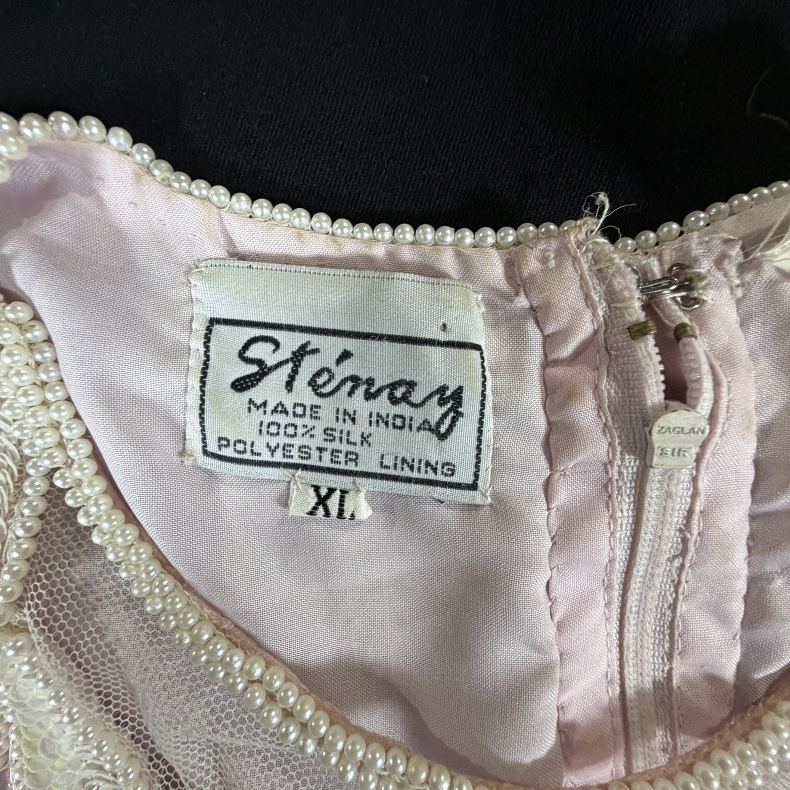 Stenay Womens XL Pink Silk Beaded Sequin Pearl 2Pc Skirt Blouse India VTG