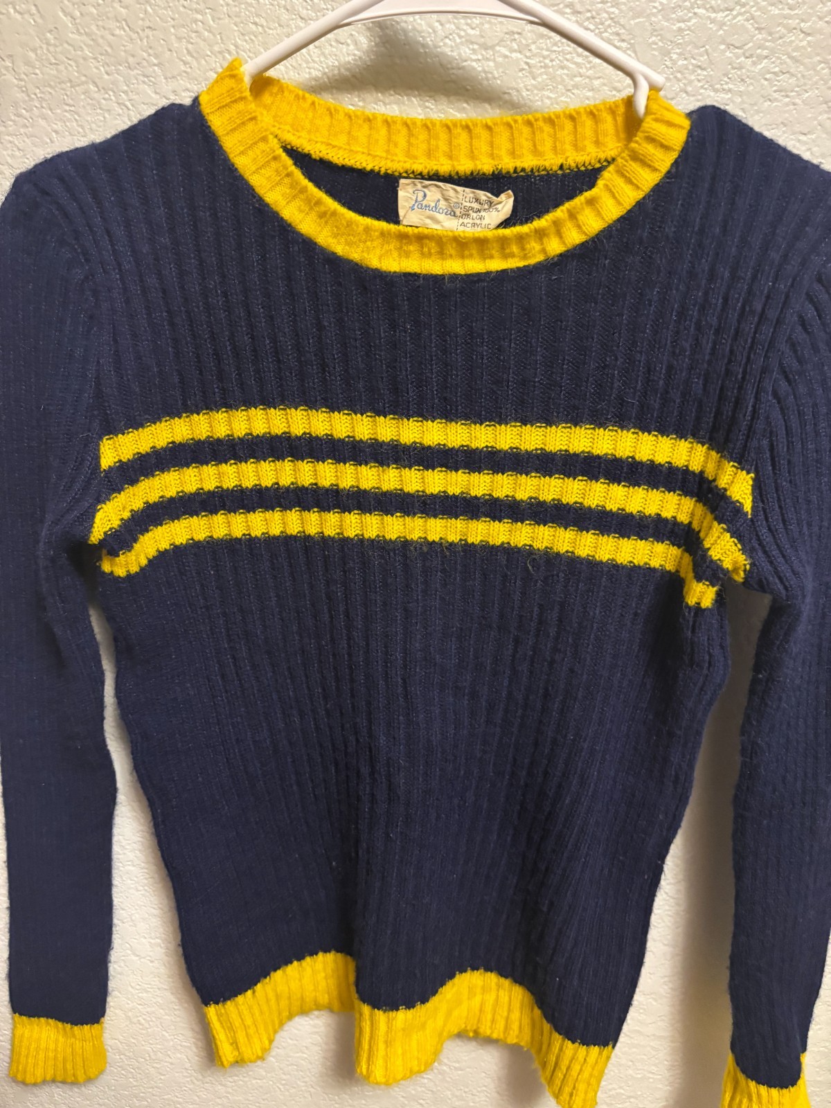Vintage 70s Pandora Navy Yellow Diagonal Stripe Ribbed Sweater XS S
