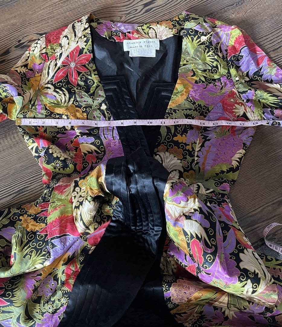 Vintage Luxury Silk Floral Coat Dress Quilted Trim Stanley Platos Martin Ross