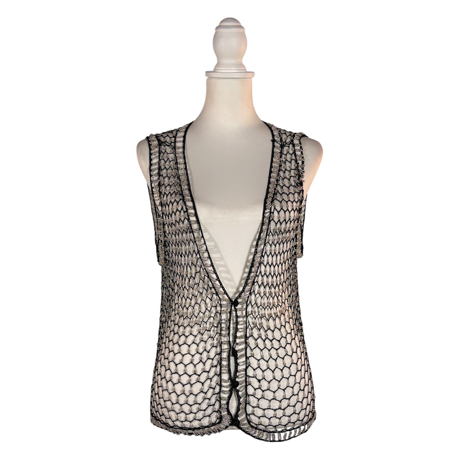 Vintage 90s Crochet Beaded Vest Women&rsquo;s M Boho Hippie Retro Goth Glam Festival