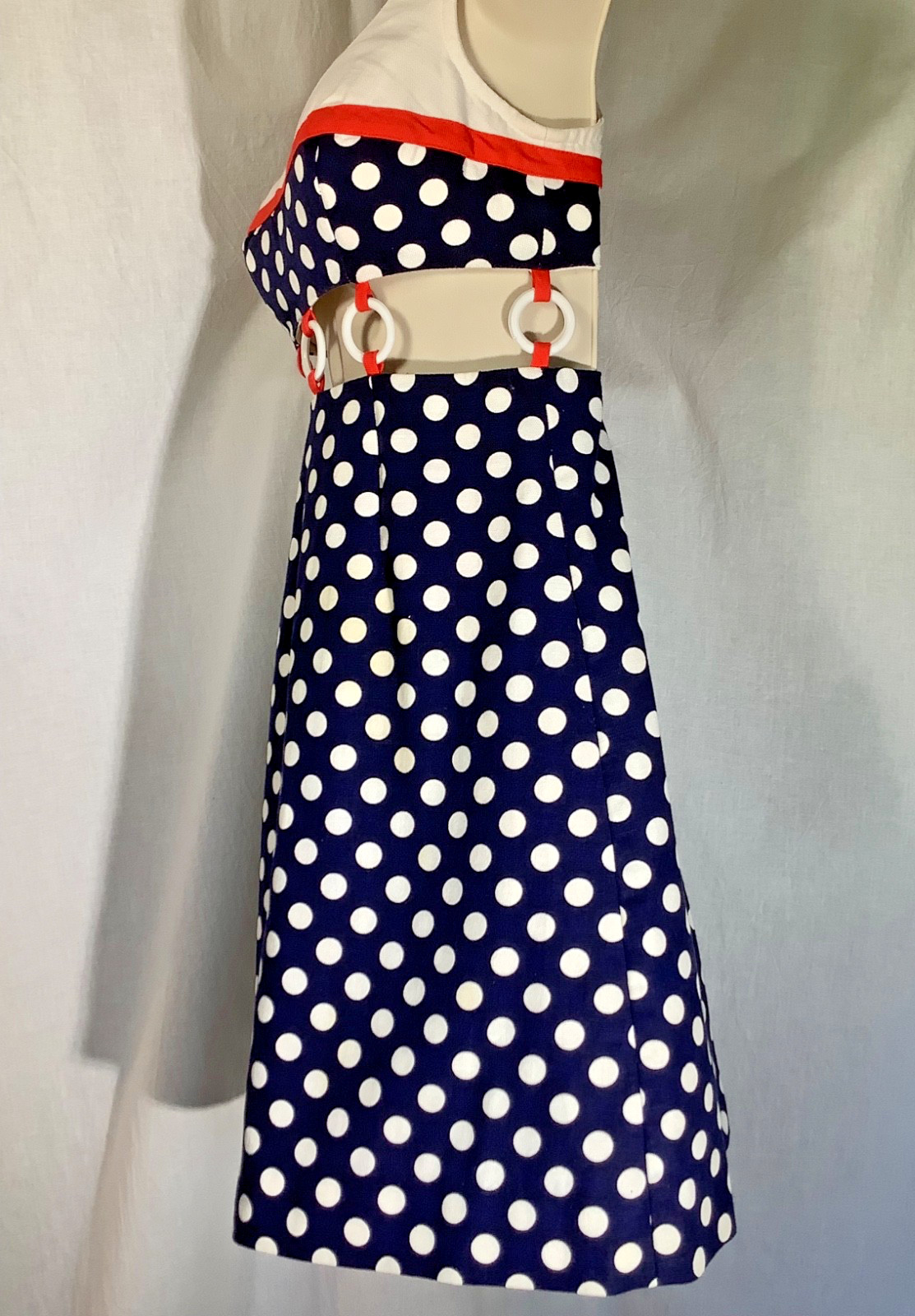 Vintage ring Mini Dress 5 beach party 60s polka dot Midriff red white blue XXS
