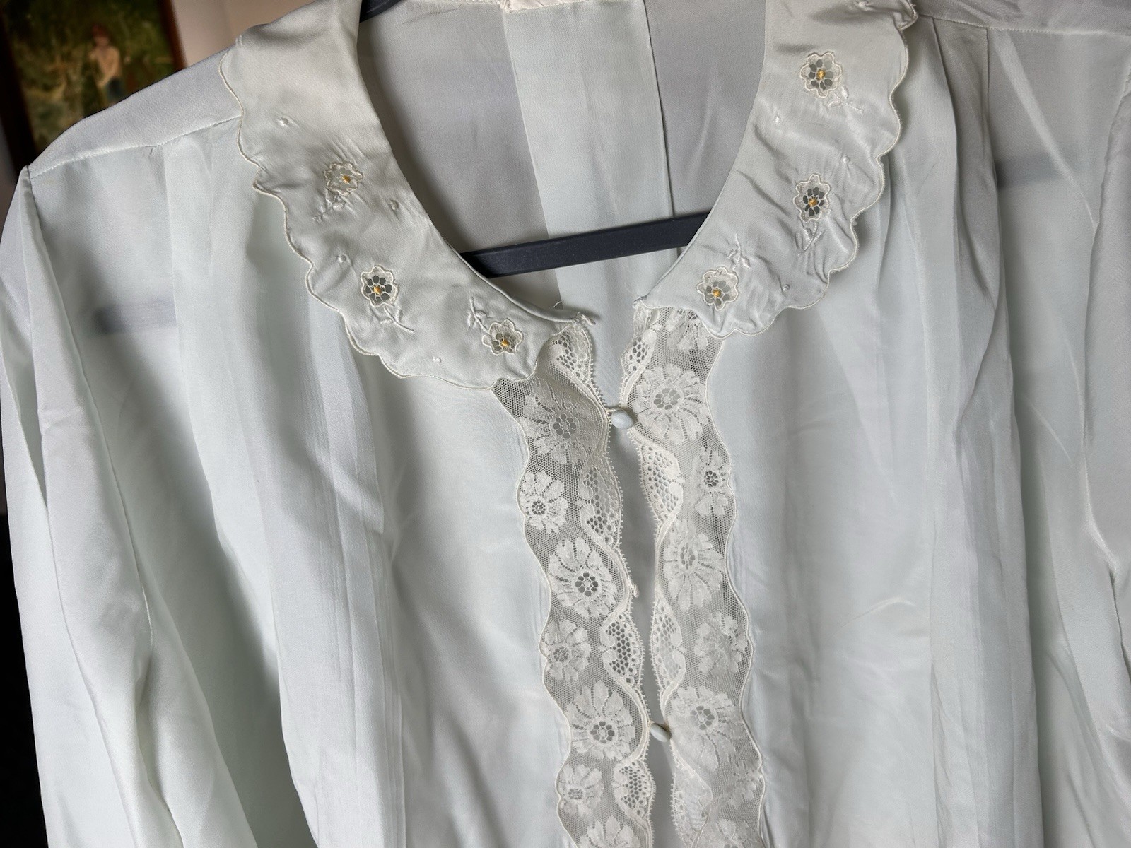 VTG Cropped Bed Jacket Sz Large Blue Floral Lace Tie A-line Collared FLAWS READ