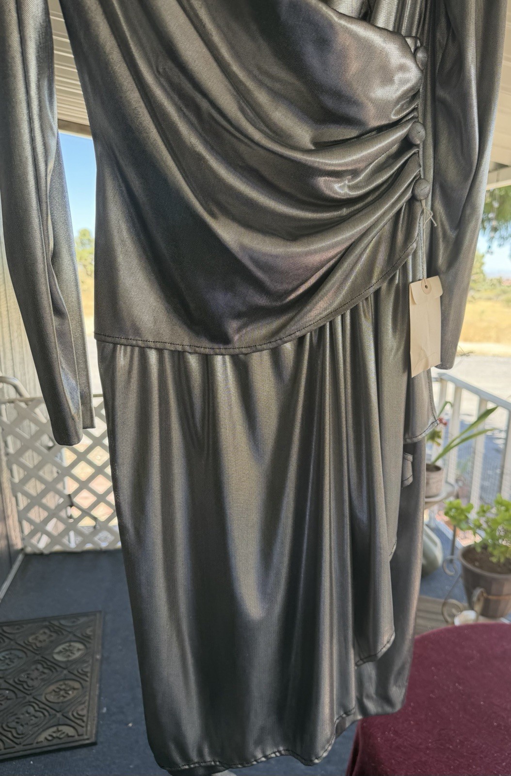 VTG 80s Montgomery Ward Metallic Silver Liquid Dress Puff Shoulder 5/6 NOS