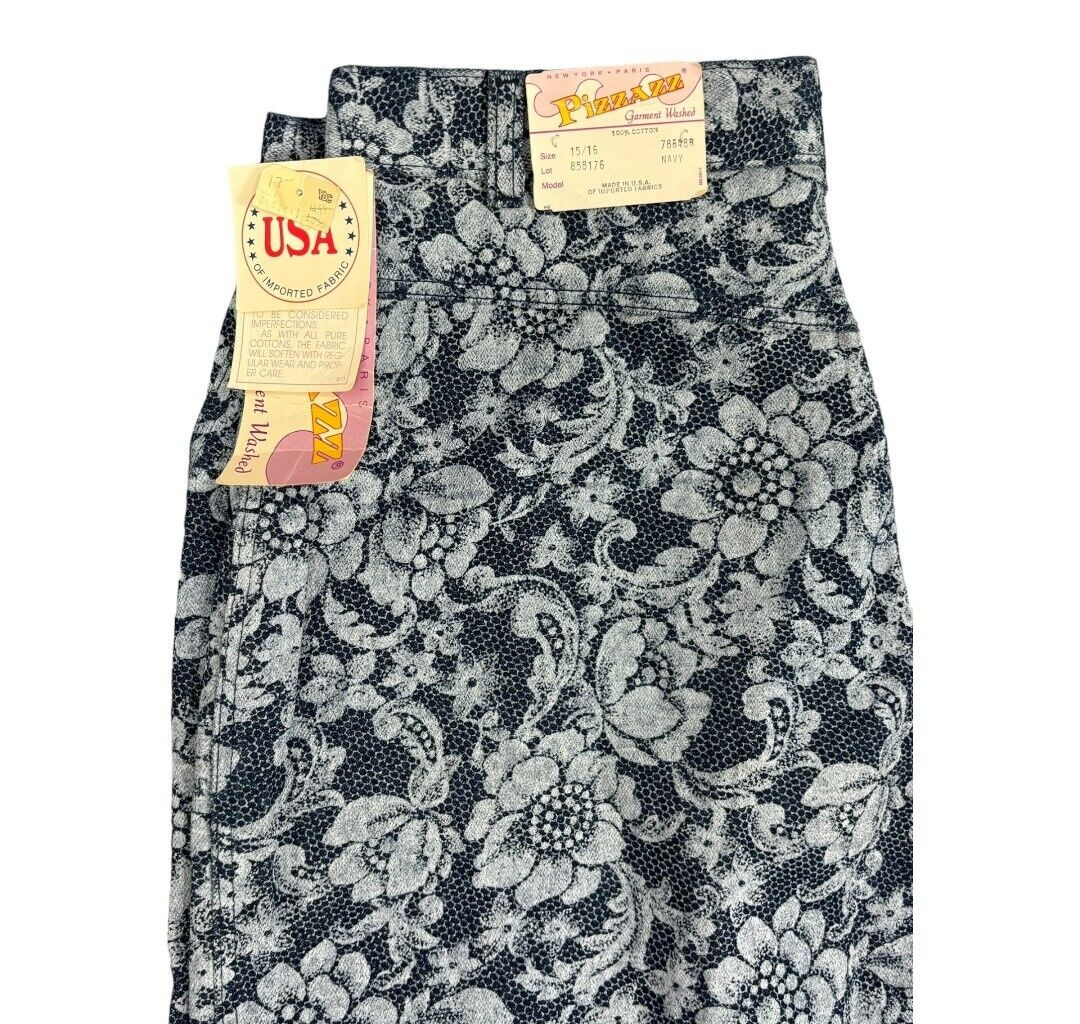 Vintage PIZZAZZ Women&rsquo;s All Over Lace Print Blue Denim PANTS 15/16 DEAD STOCK