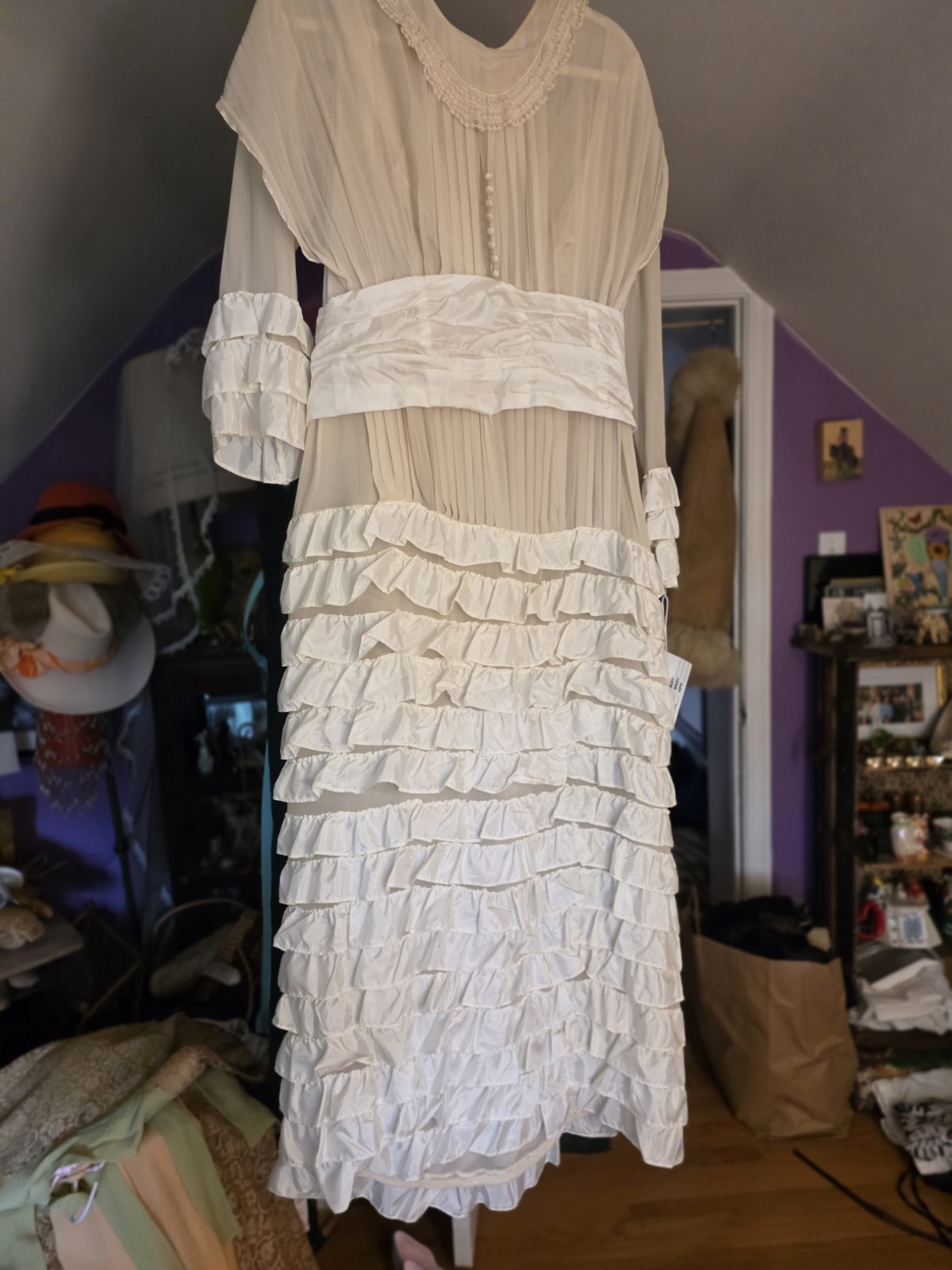 1920s Ivory Silk Chiffon & Taffeta Flapper Dress | Tiered Ruffle Art Deco…