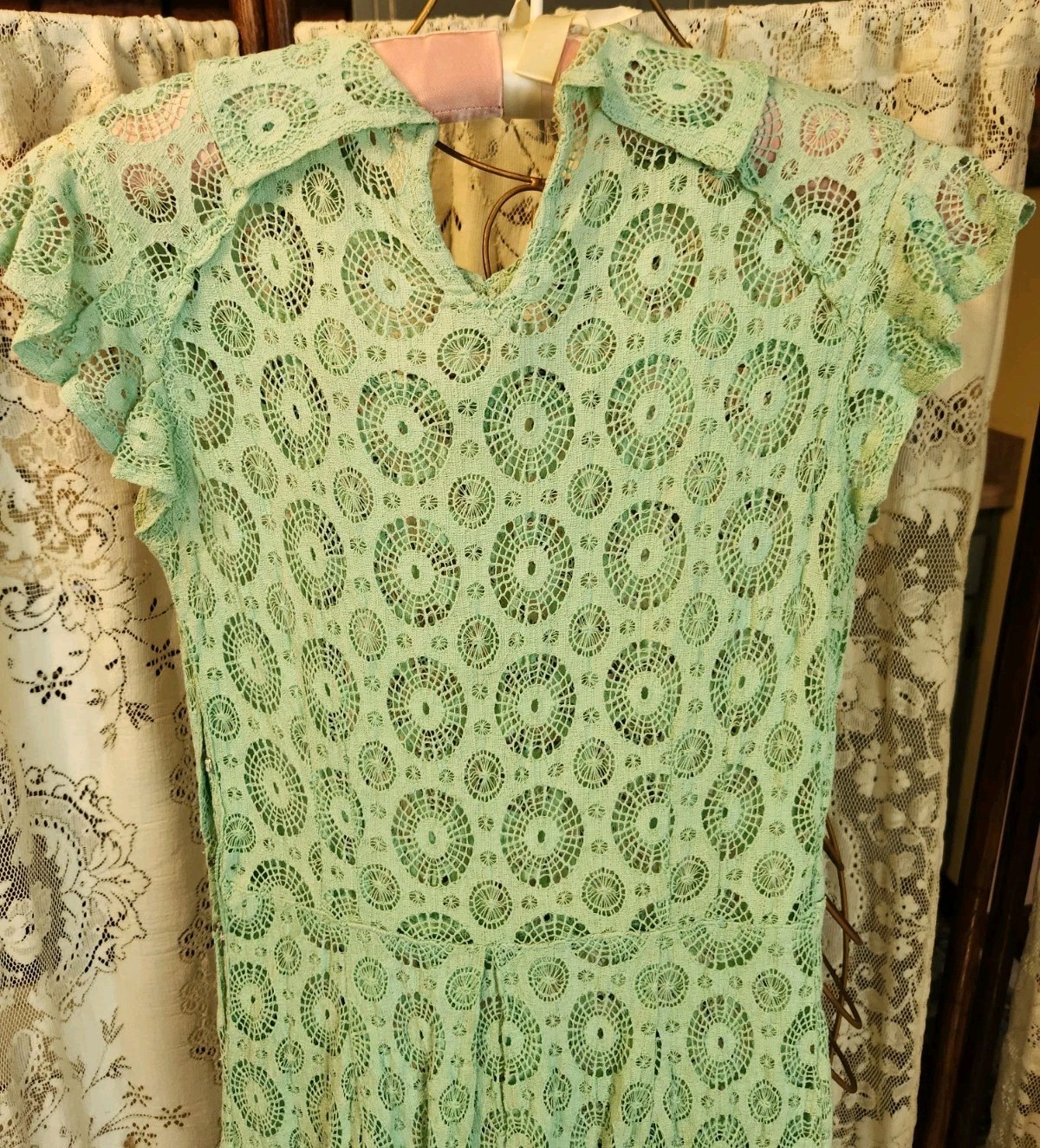 1930s Aqua Cotton Crochet Lace Dress with Cap Sleeves and Pockets XS