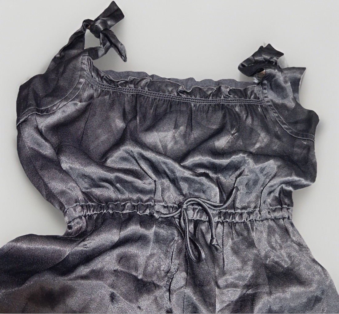 Vintage Byer California Black Nylon Wide Leg Jumpsuit Tie Shoulder Ruffle Small