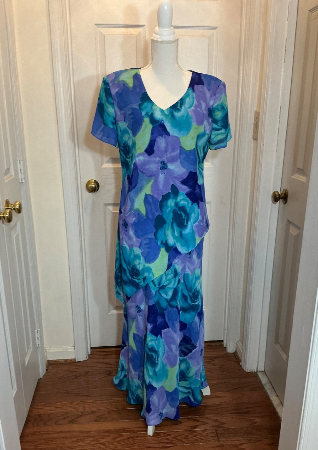 Vintage S.L. Fashions Floral Dress Size 16 Blue Purple Layered Maxi USA
