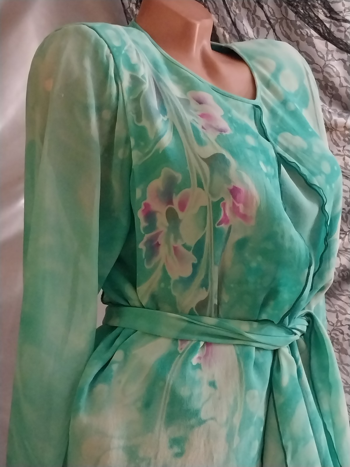 VTG SILK YOLANDA LORENTE HAND PAINTED FLORAL seafoam LAYERS SKIRT BLOUSE L 44
