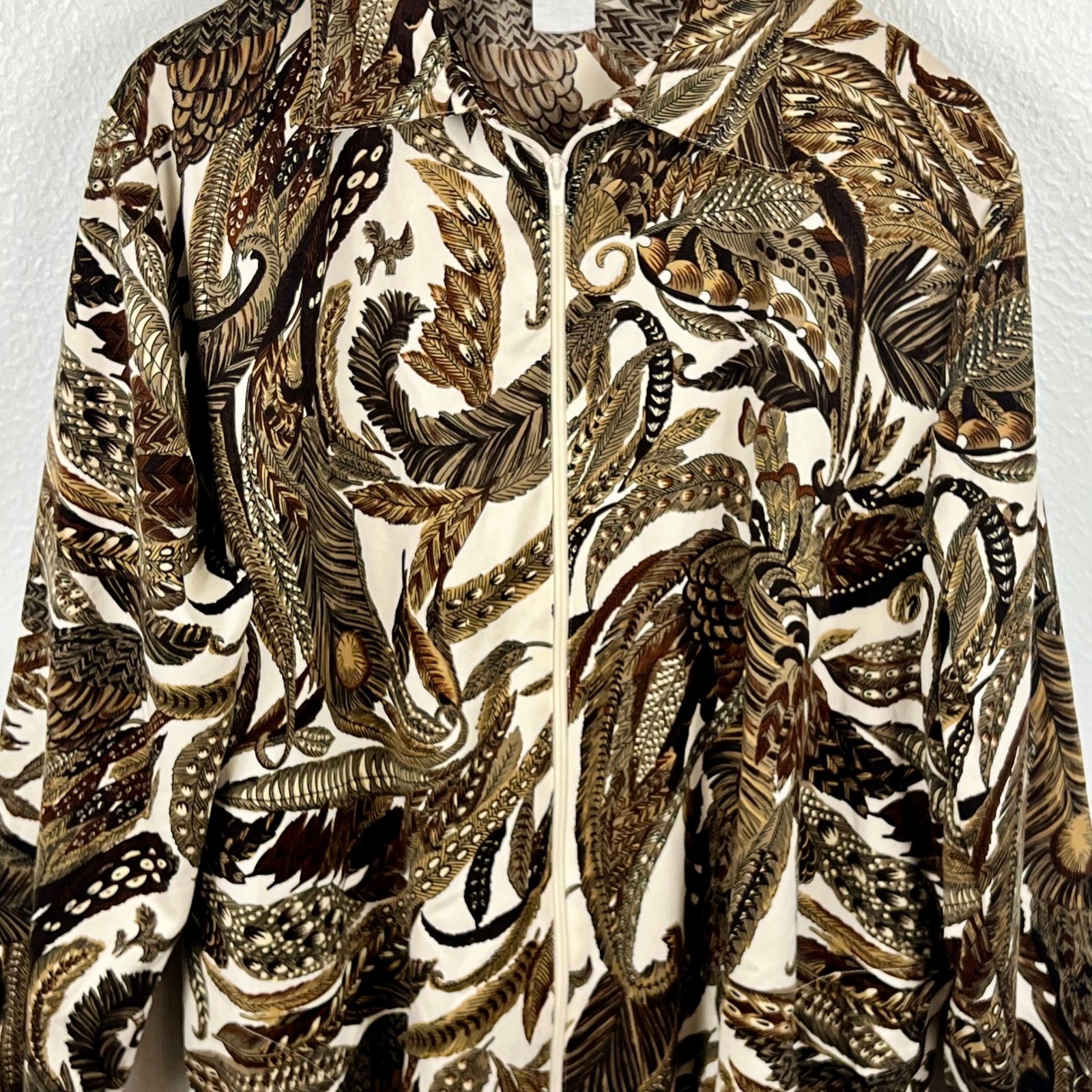 Vintage Feather Pattern Zip Up Jacket Womens Medium Oversized Artsy Indie Nature