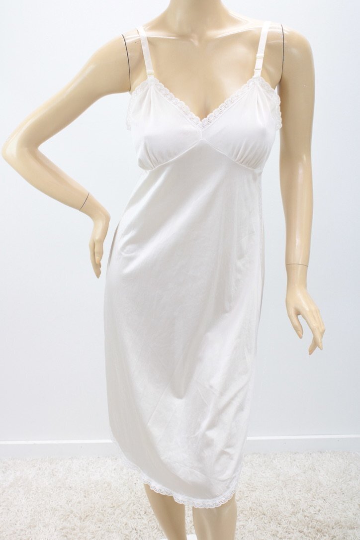 Vintage Full Slip sz 38 White Nylon Lace Trim Down Side Satin Straps USA
