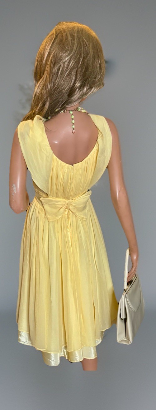 MCM Yellow Chiffon Mod Party Cocktail Dress Fitted Empire Waist/Full Skirt/Bow S
