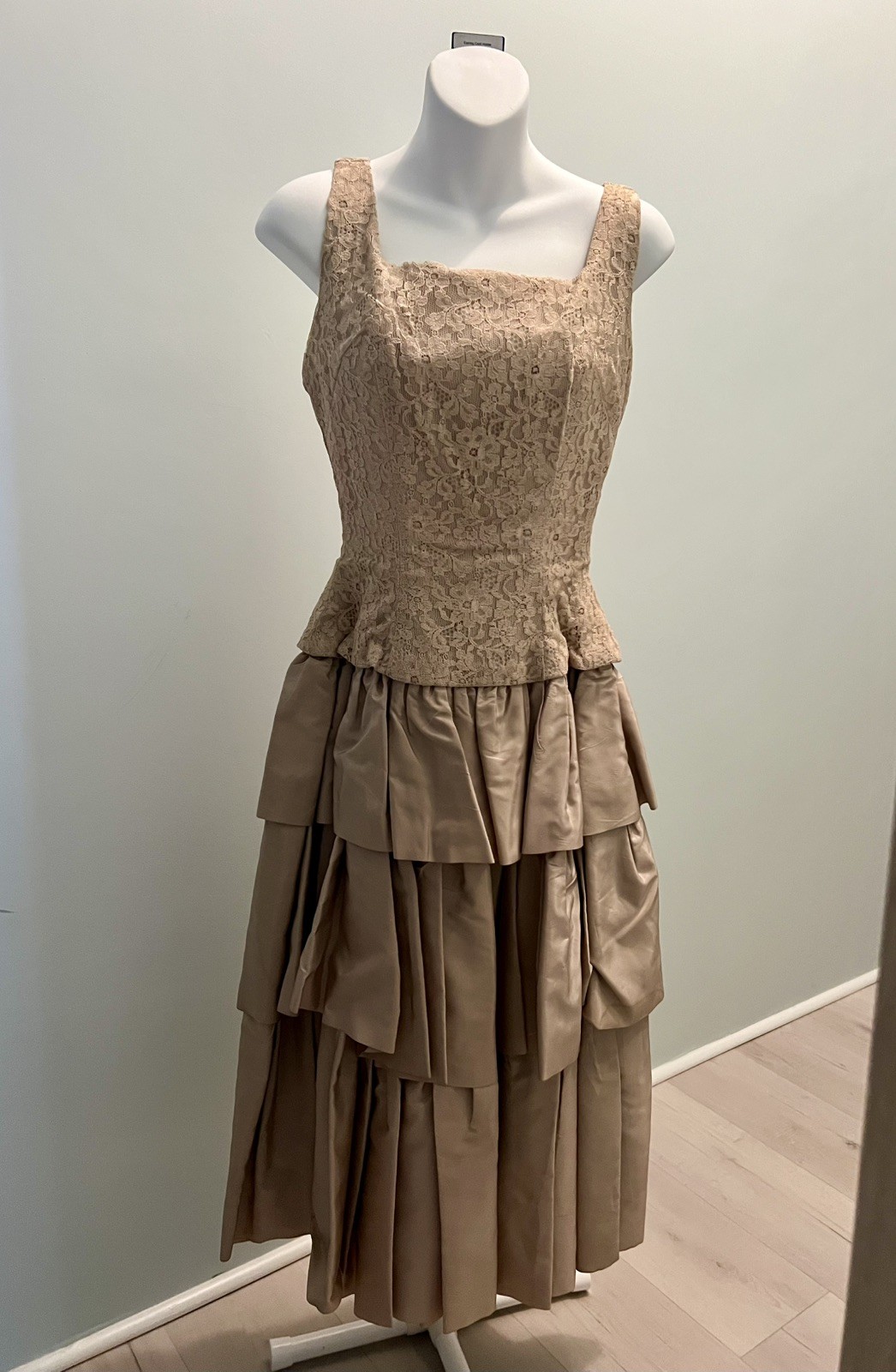Vintage 1950s Taffeta Lace Prom Wedding Party Mother Bride Dress Beige XS S 4 6