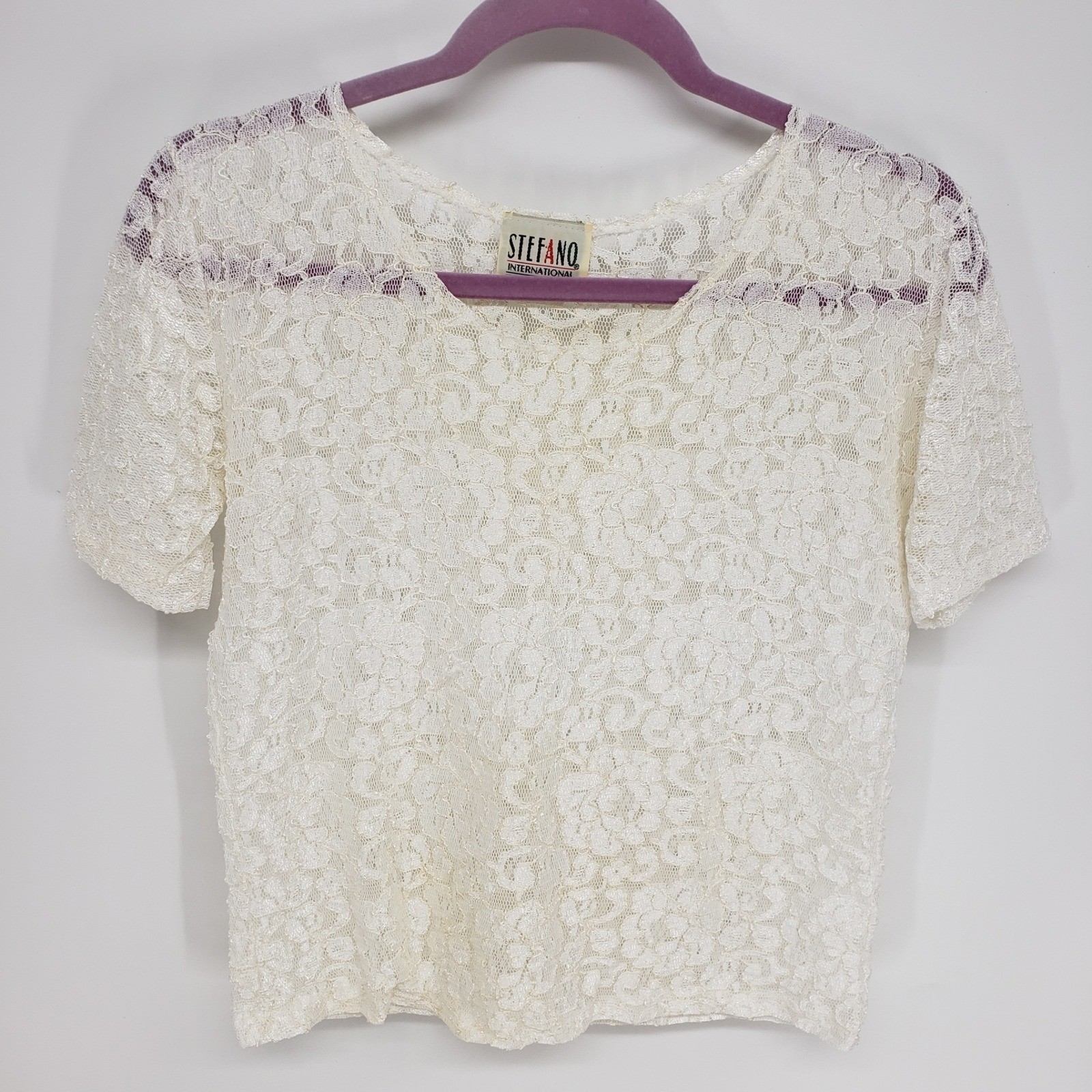 Vintage 90s Stefano Floral Lace Top Womens Size Medium Cream Sheer Short Sleeve