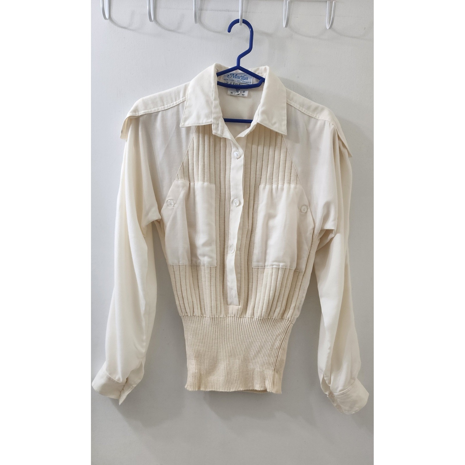 Vintage J. Tiktiner Cream Ribbed Knit Waist Blouse Top Ivory