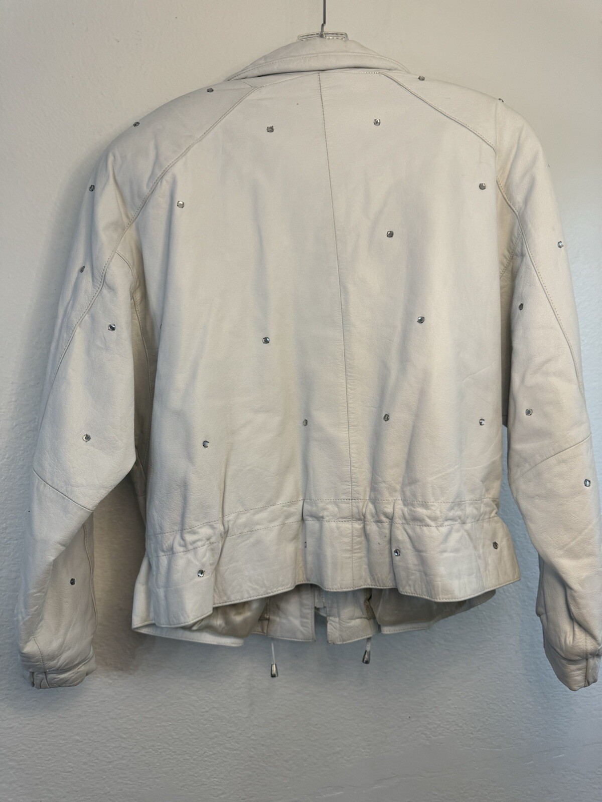 Vintage 1990s COPPER KEY White Leather Jacket Womens Large Rhinestone Coat Moto