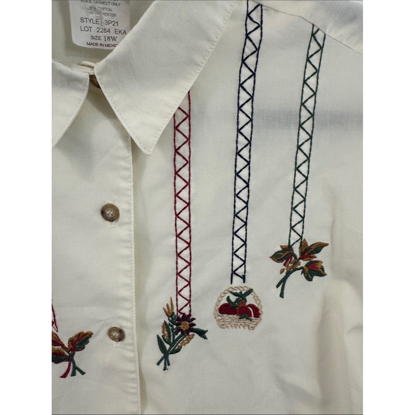 Vintage Southern Lady Cream Button Front Shirt Embroidered Whimsical Grandma Top