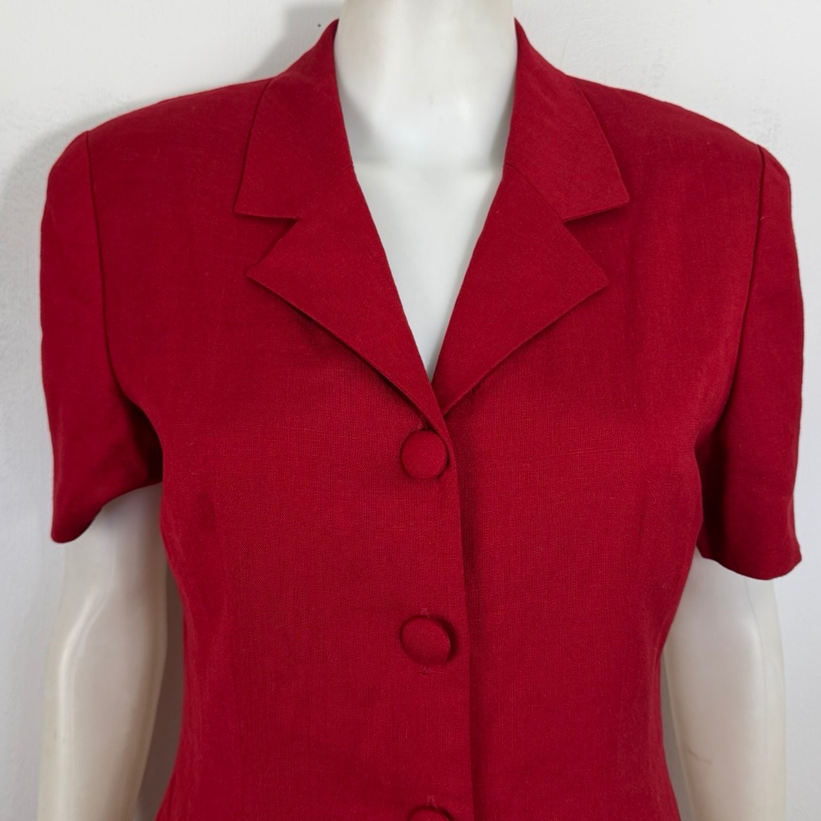 Vintage Red Button-Front Blazer Dress Size Medium Linen Blend Short Sleeve Shirt