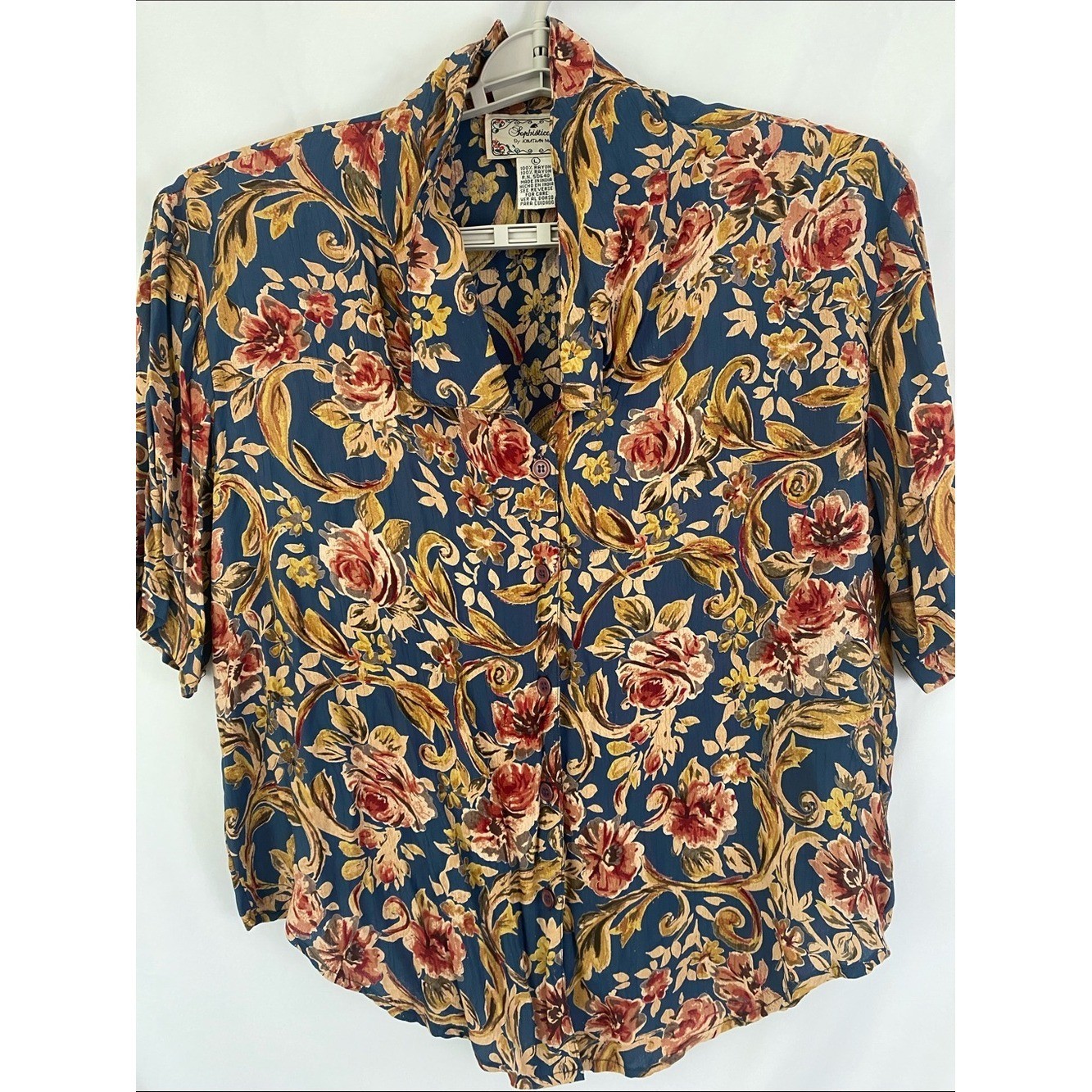 jonathan martin Sophisticates Navy Floral Button-Down Short Sleeve Blouse Vtg